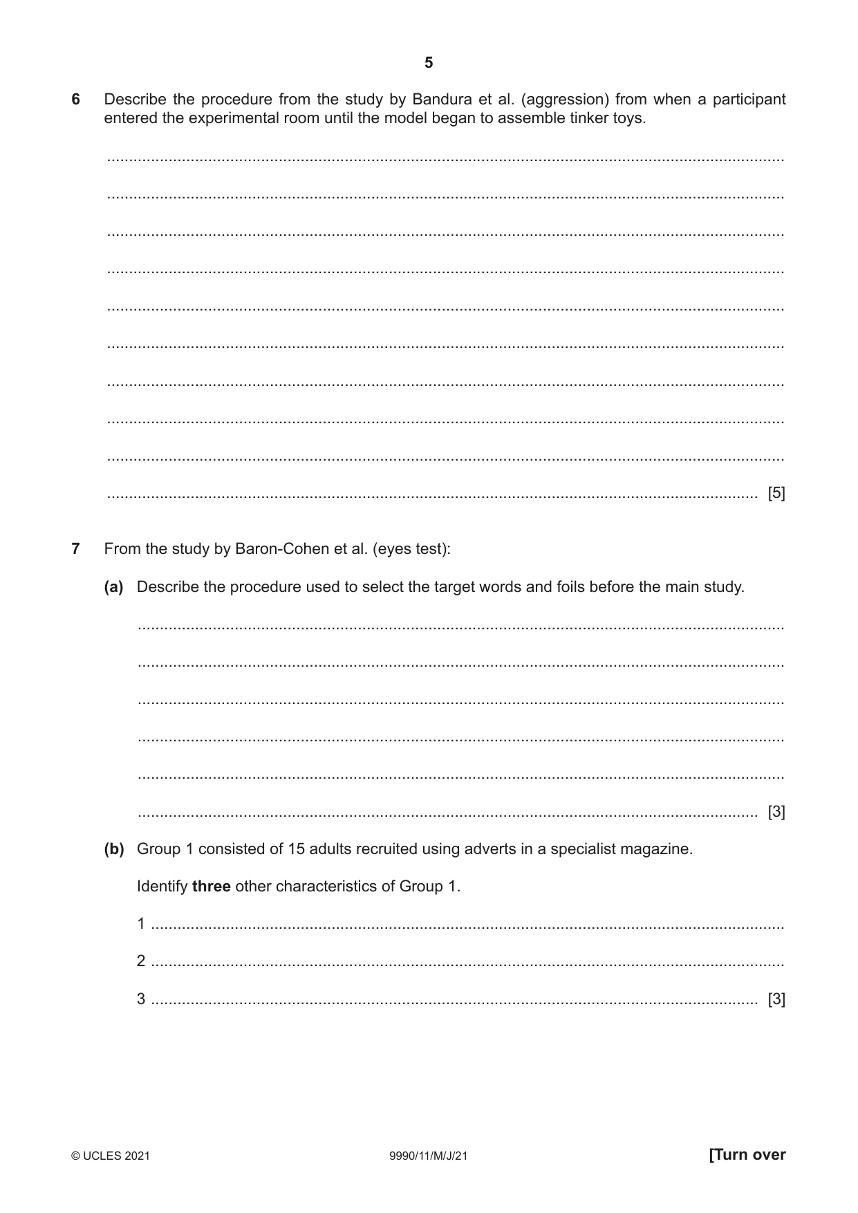 Cambridge A Level Psychology (from 2018) 9990 2021 May/June Paper 1 · Variant 1 question paper, page 5 of 8