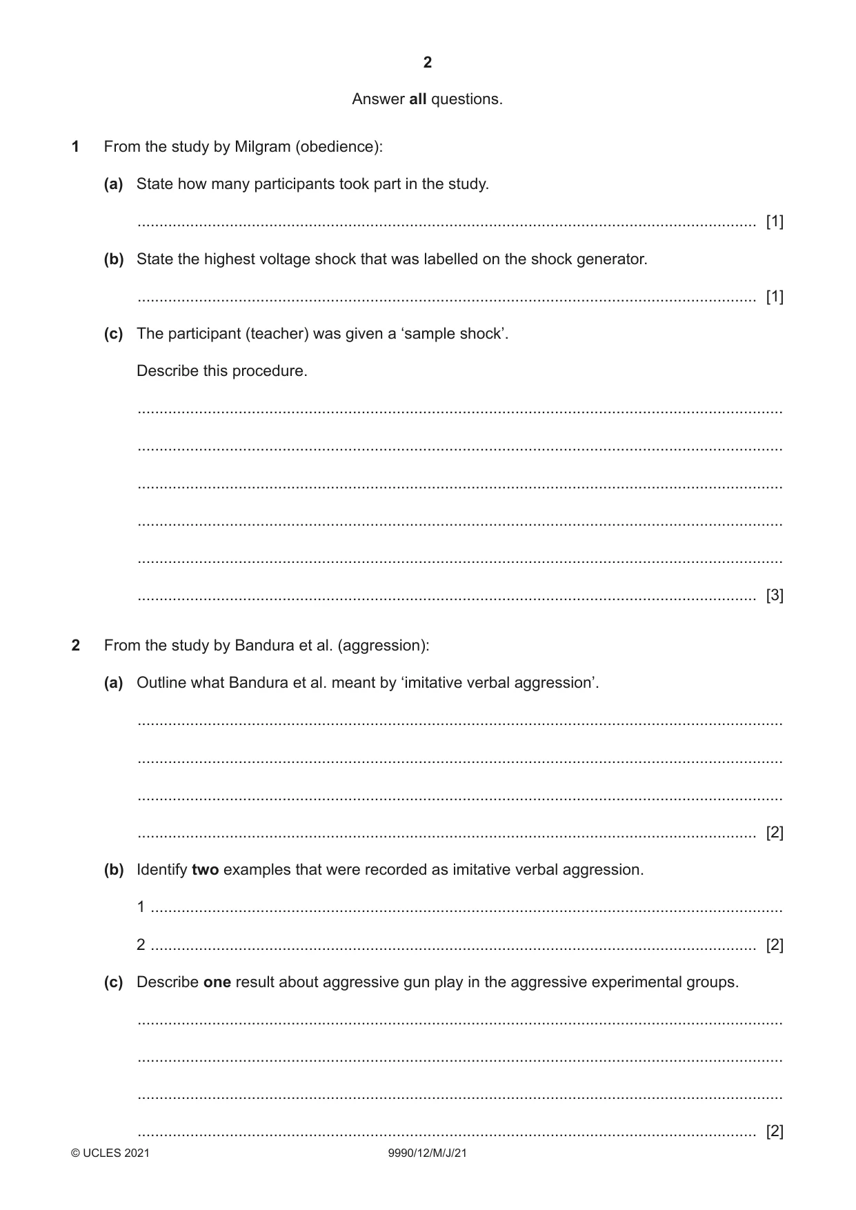 Cambridge A Level Psychology (from 2018) 9990 2021 May/June Paper 1 · Variant 2 question paper, page 2 of 8