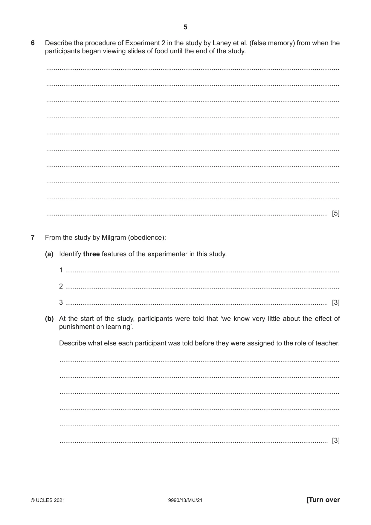 Cambridge A Level Psychology (from 2018) 9990 2021 May/June Paper 1 · Variant 3 question paper, page 5 of 8