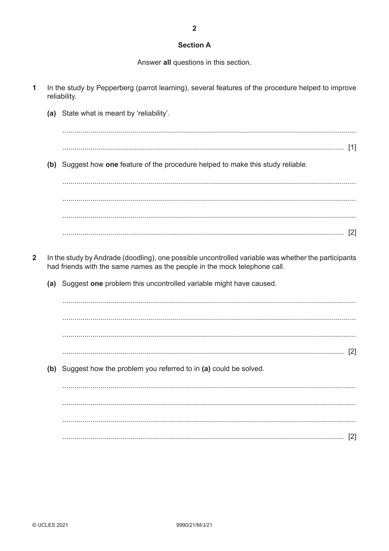 Cambridge A Level Psychology (from 2018) 9990 2021 May/June Paper 2 · Variant 1 question paper, page 2 of 12