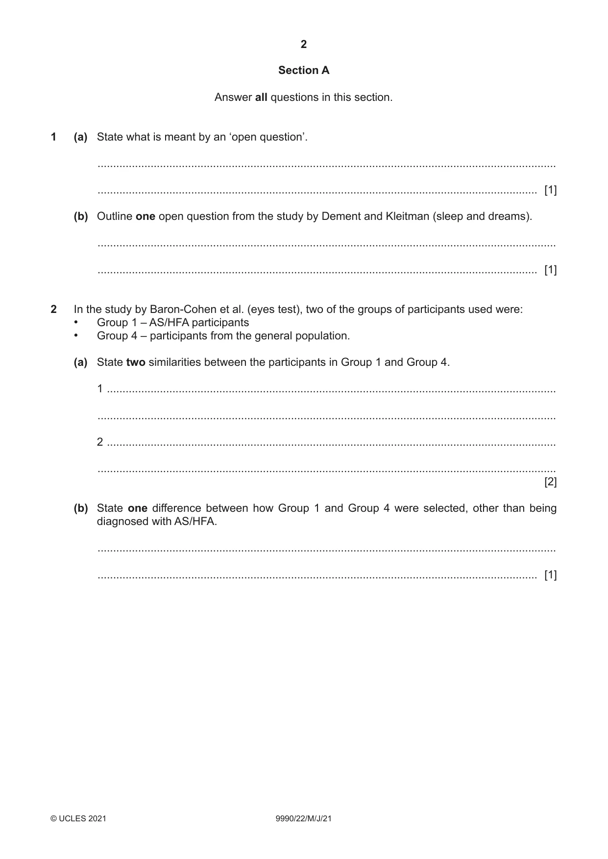 Cambridge A Level Psychology (from 2018) 9990 2021 May/June Paper 2 · Variant 2 question paper, page 2 of 12