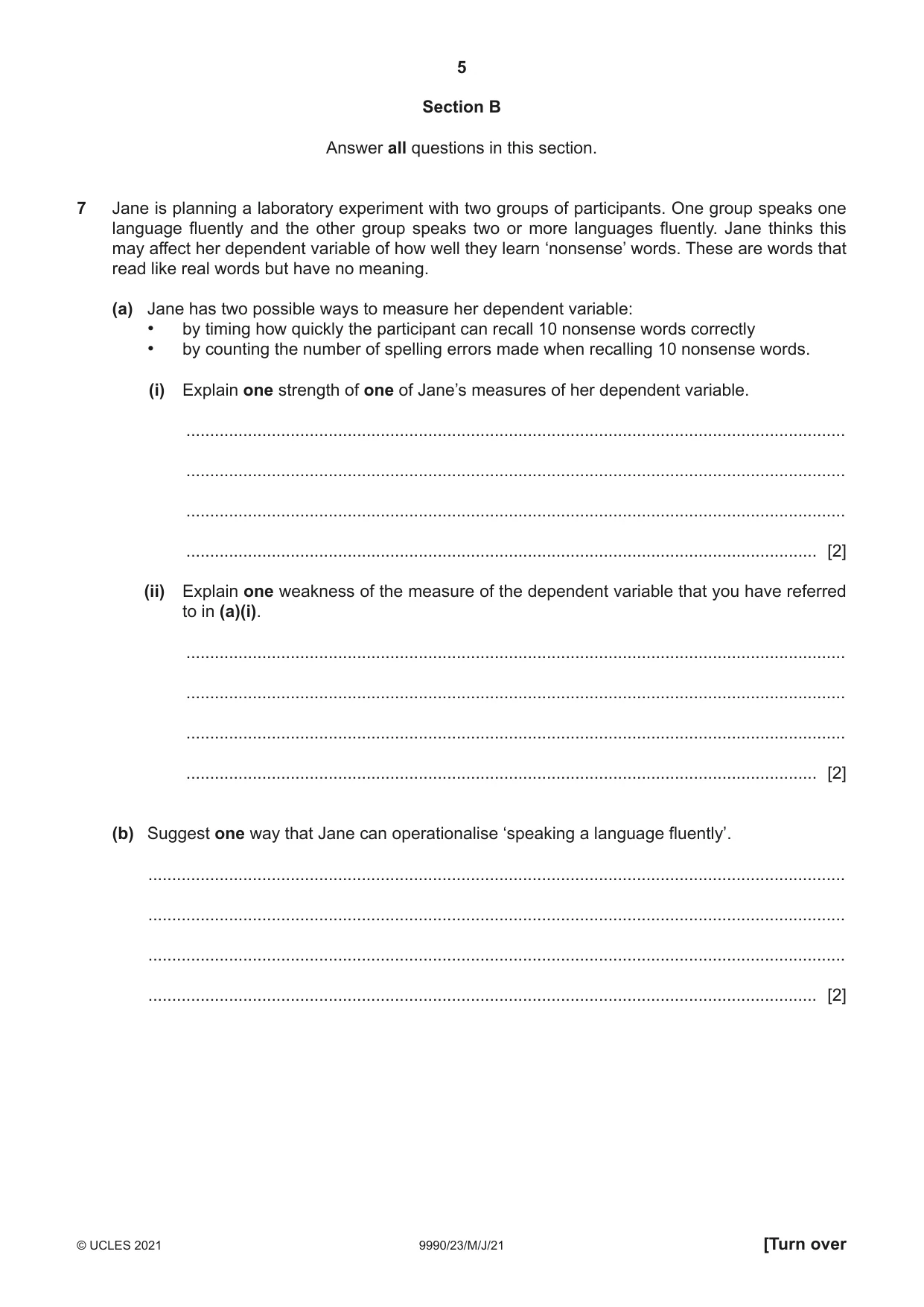 Cambridge A Level Psychology (from 2018) 9990 2021 May/June Paper 2 · Variant 3 question paper, page 5 of 12