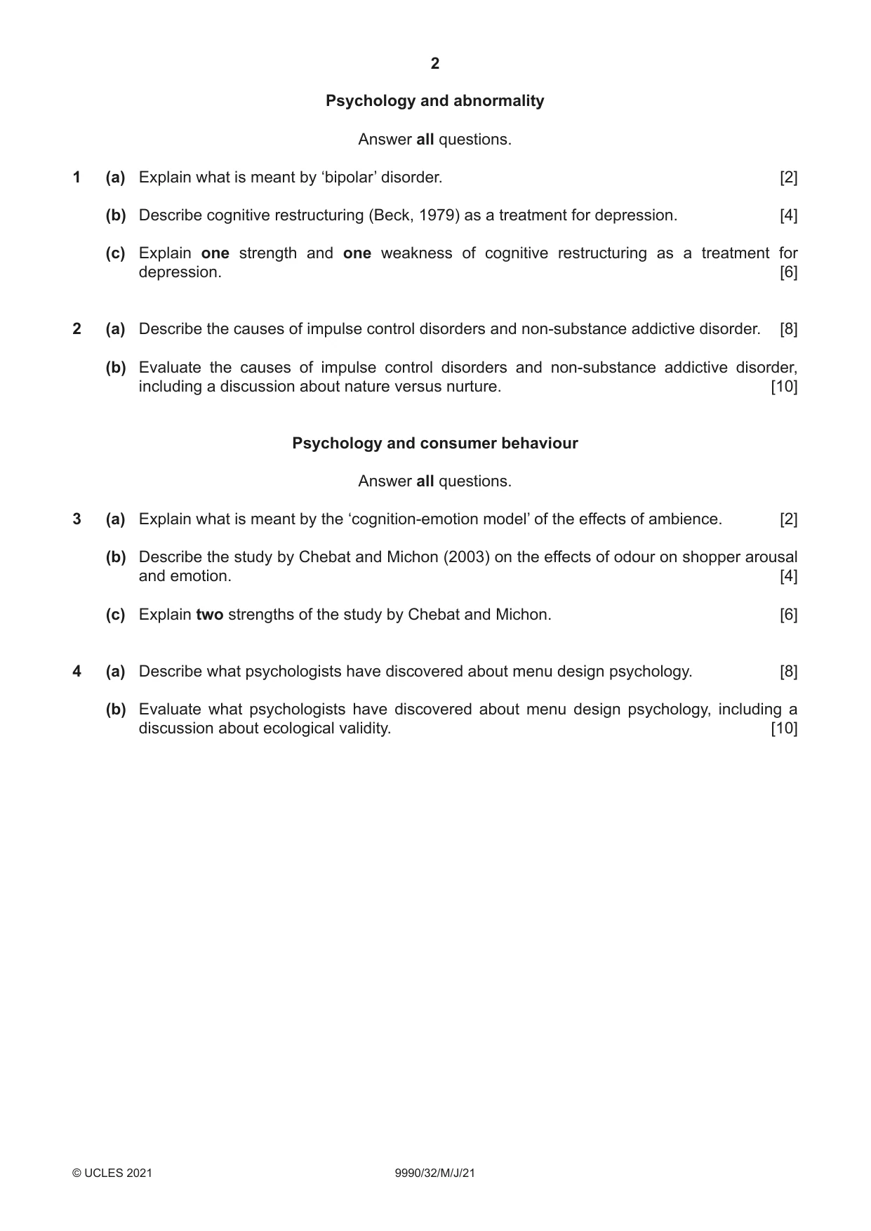 Cambridge A Level Psychology (from 2018) 9990 2021 May/June Paper 3 · Variant 2 question paper, page 2 of 4