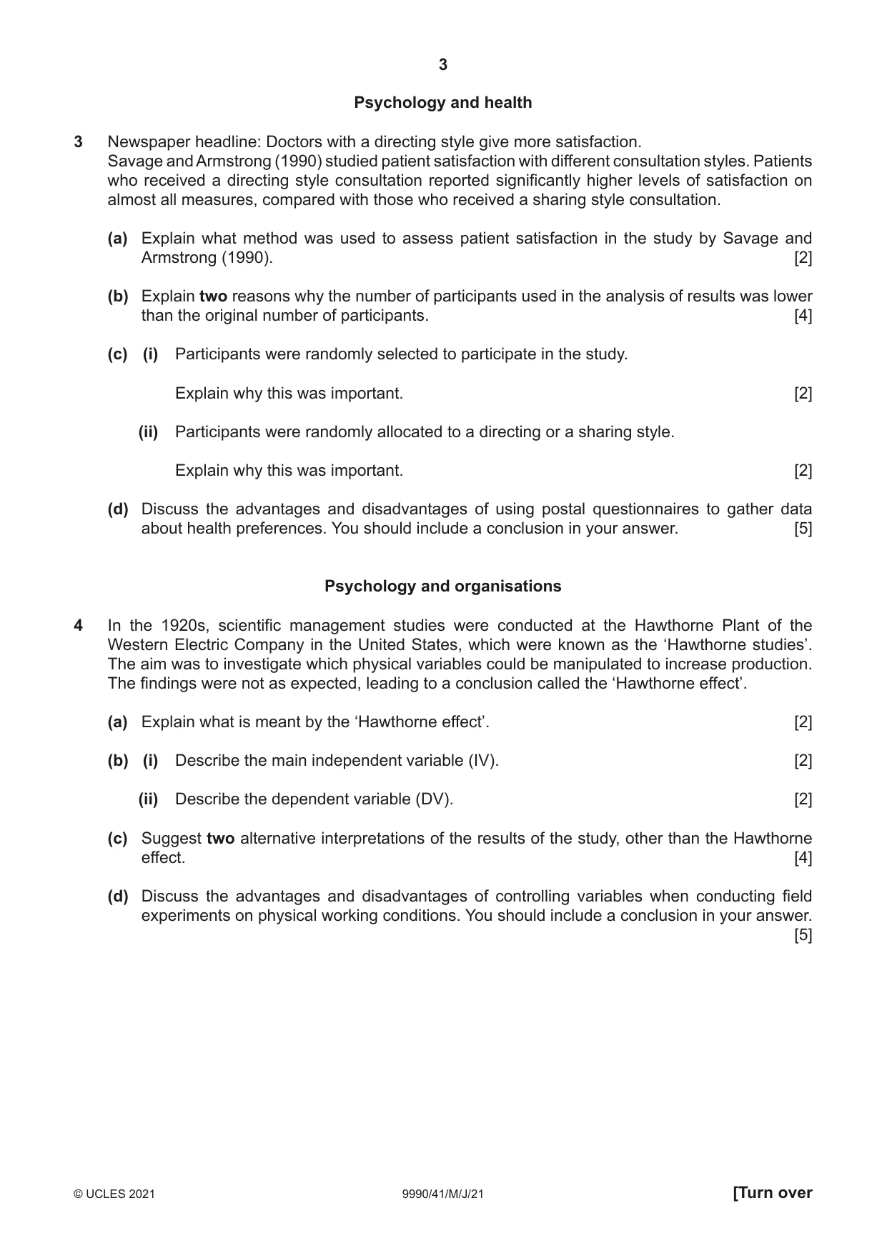 Cambridge A Level Psychology (from 2018) 9990 2021 May/June Paper 4 · Variant 1 question paper, page 3 of 8