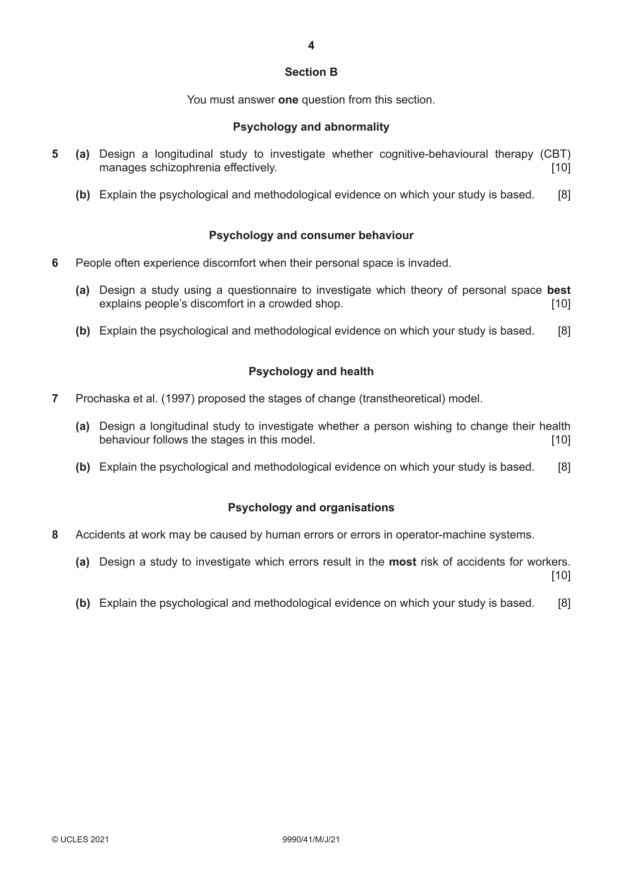 Cambridge A Level Psychology (from 2018) 9990 2021 May/June Paper 4 · Variant 1 question paper, page 4 of 8