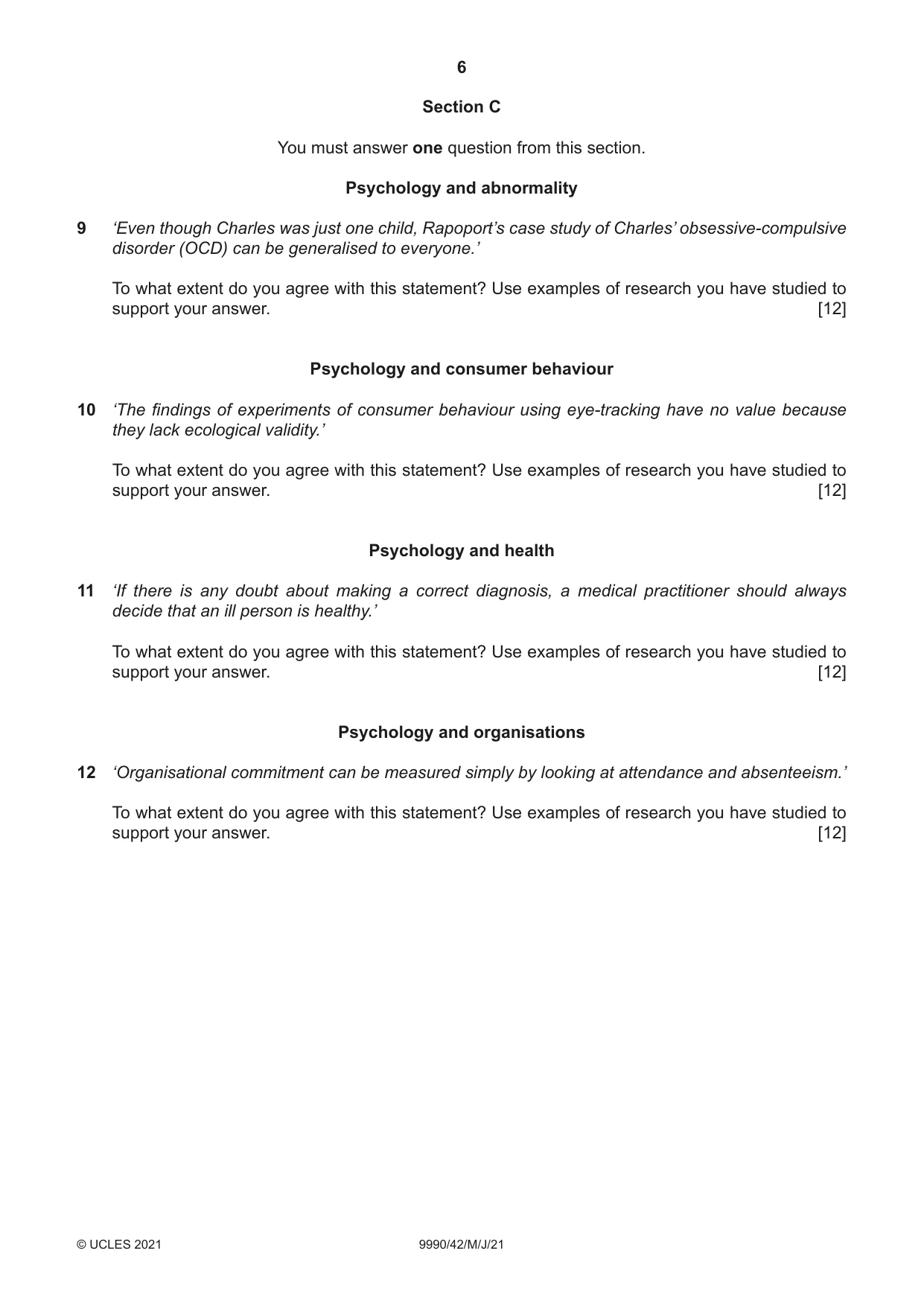 Cambridge A Level Psychology (from 2018) 9990 2021 May/June Paper 4 · Variant 2 question paper, page 6 of 8