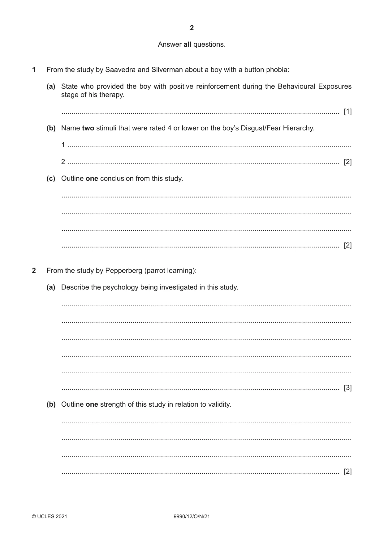 Cambridge A Level Psychology (from 2018) 9990 2021 Oct/Nov Paper 1 · Variant 2 question paper, page 2 of 12