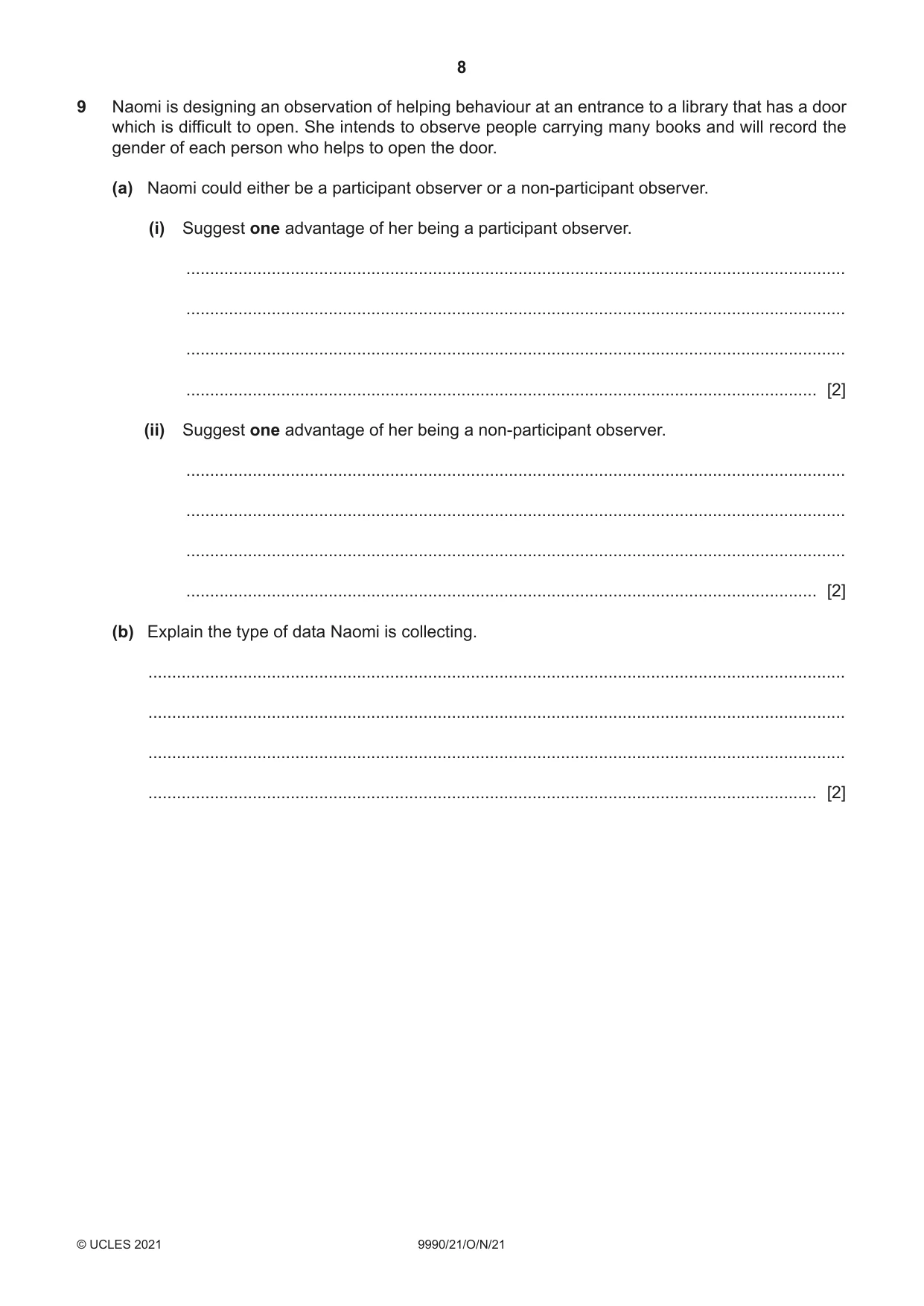 Cambridge A Level Psychology (from 2018) 9990 2021 Oct/Nov Paper 2 · Variant 1 question paper, page 8 of 12