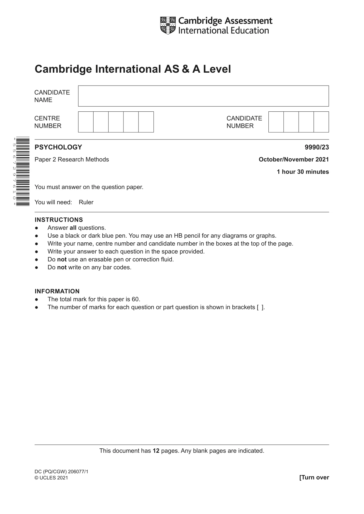 Cambridge A Level Psychology (from 2018) 9990 2021 Oct/Nov Paper 2 · Variant 3 question paper, page 1 of 12