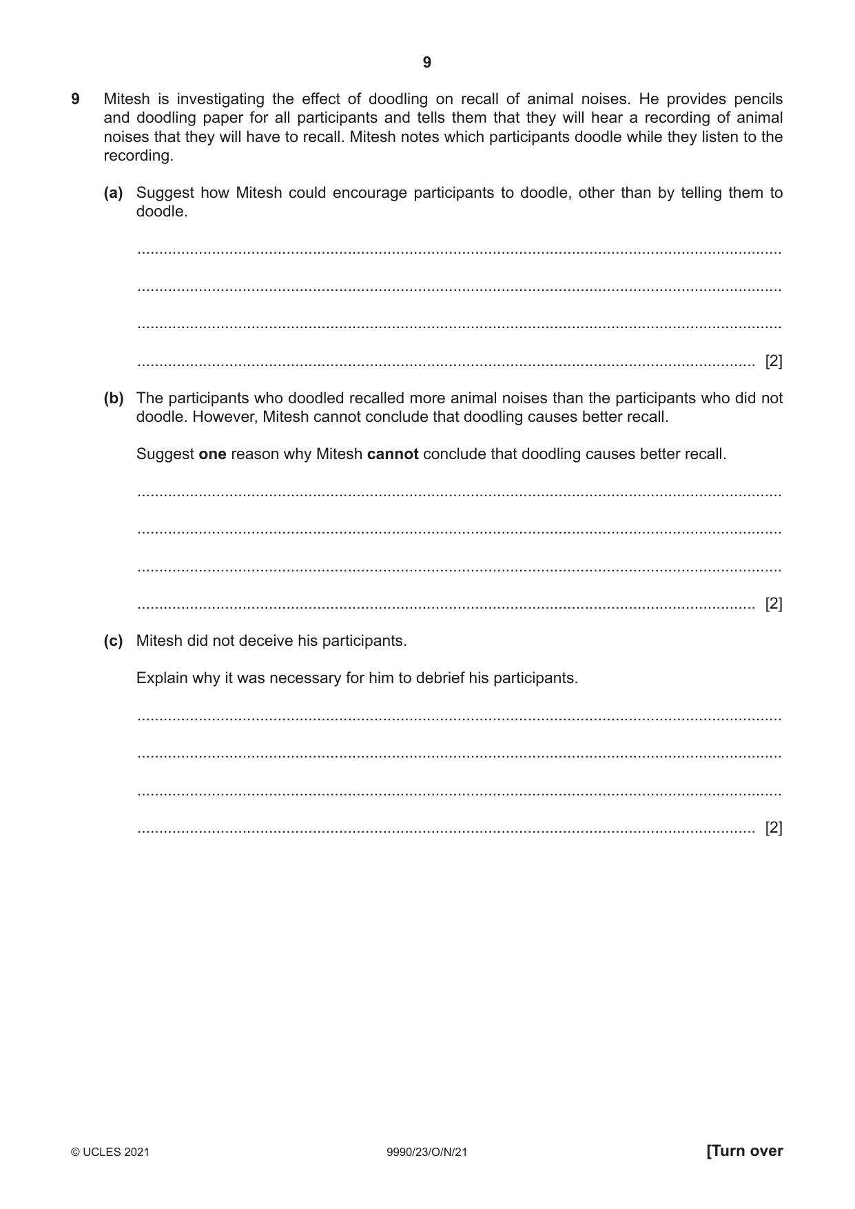 Cambridge A Level Psychology (from 2018) 9990 2021 Oct/Nov Paper 2 · Variant 3 question paper, page 9 of 12