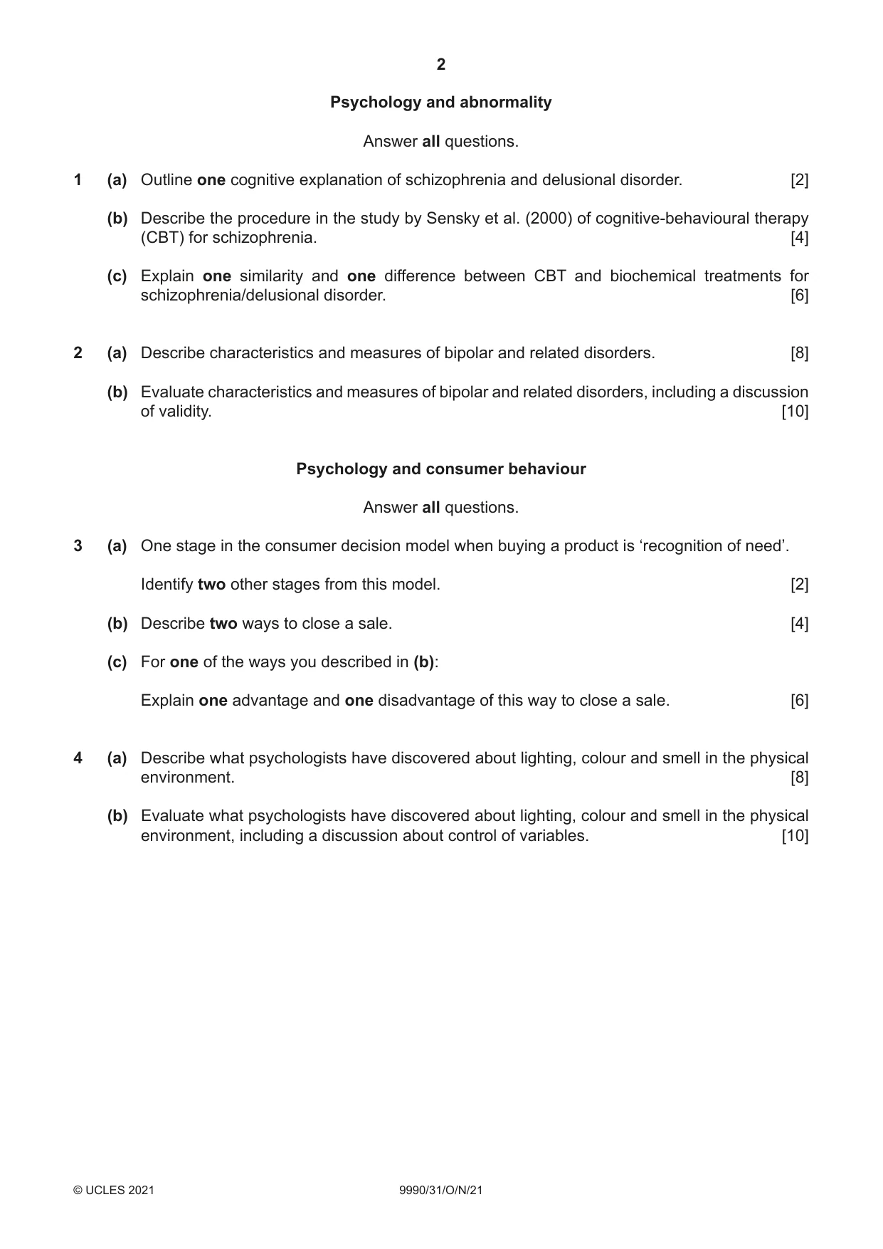 Cambridge A Level Psychology (from 2018) 9990 2021 Oct/Nov Paper 3 · Variant 1 question paper, page 2 of 4