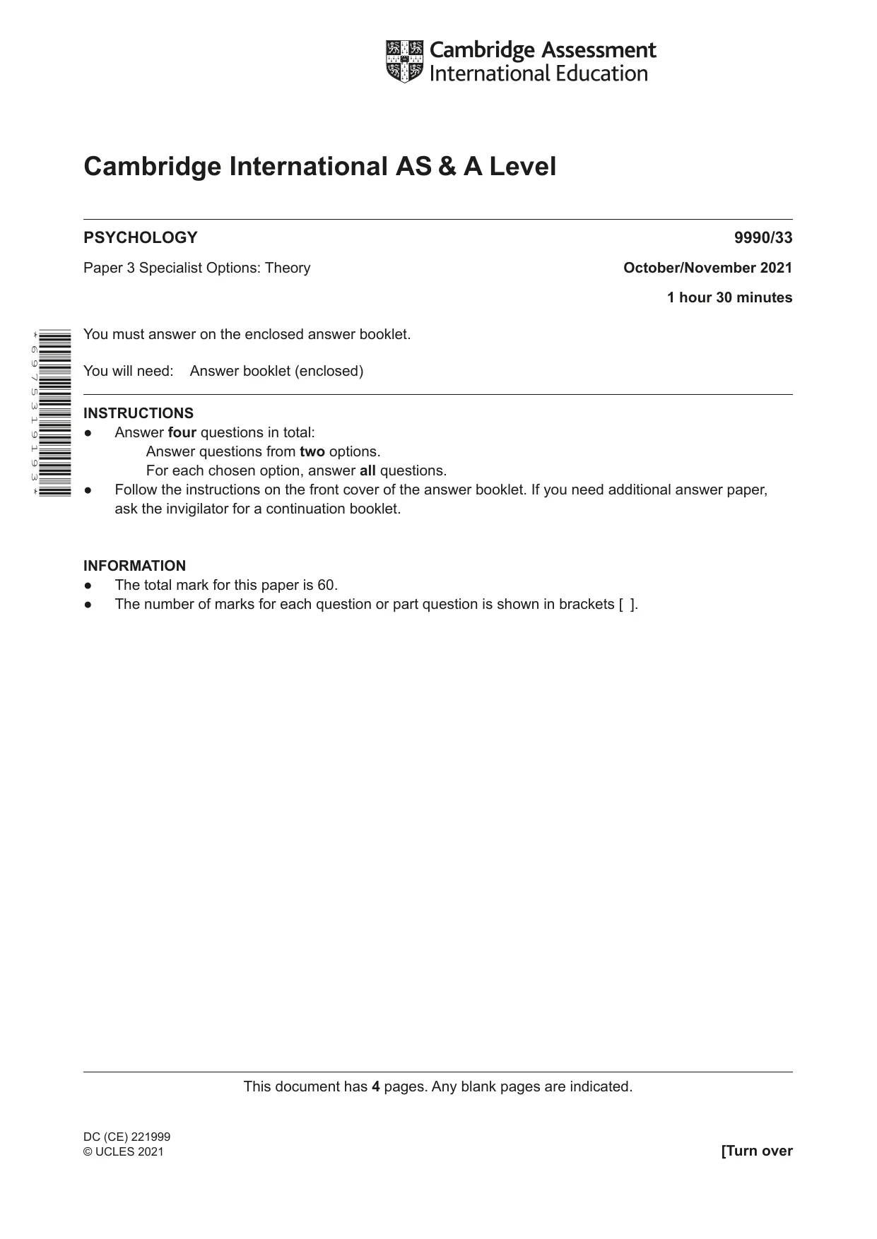 Cambridge A Level Psychology (from 2018) 9990 2021 Oct/Nov Paper 3 · Variant 3 question paper, page 1 of 4