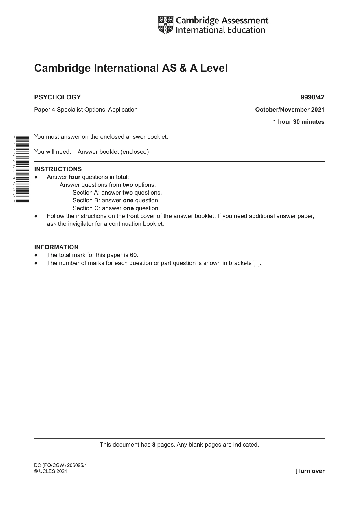 Cambridge A Level Psychology (from 2018) 9990 2021 Oct/Nov Paper 4 · Variant 2 question paper, page 1 of 8