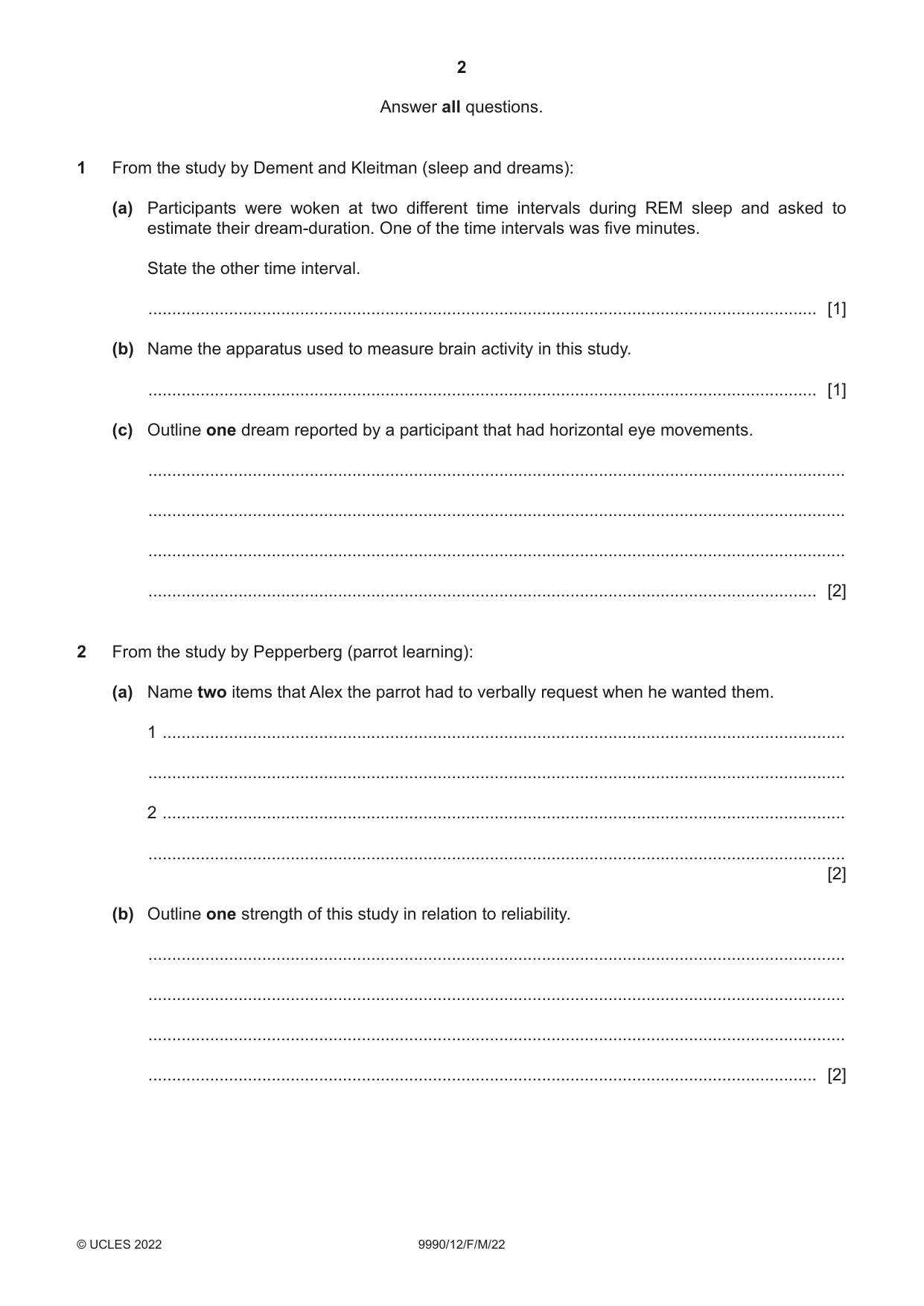 Cambridge A Level Psychology (from 2018) 9990 2022 Feb/March Paper 1 · Variant 2 question paper, page 2 of 12