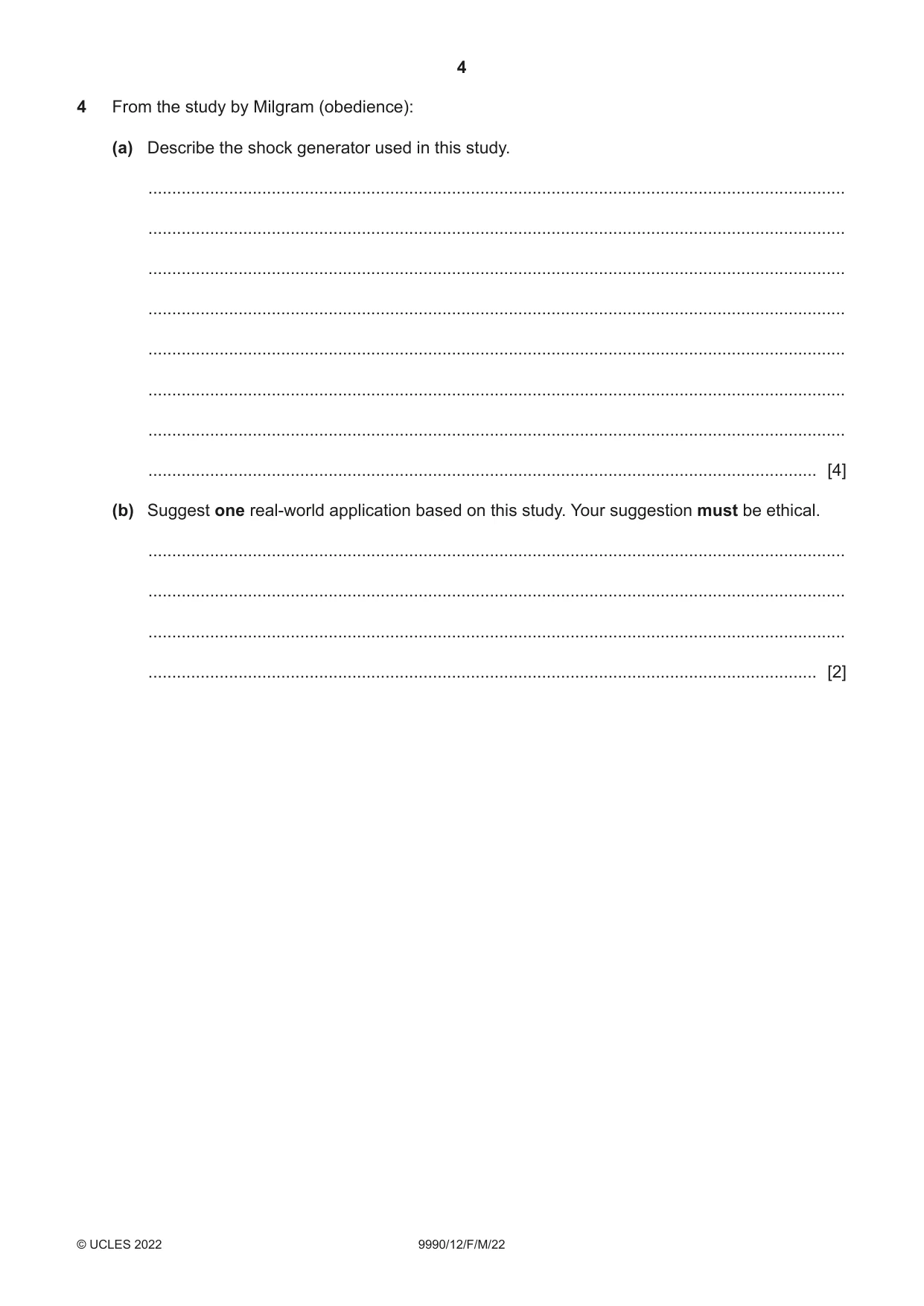 Cambridge A Level Psychology (from 2018) 9990 2022 Feb/March Paper 1 · Variant 2 question paper, page 4 of 12
