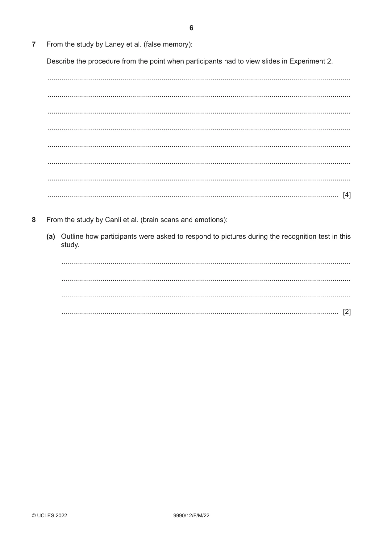Cambridge A Level Psychology (from 2018) 9990 2022 Feb/March Paper 1 · Variant 2 question paper, page 6 of 12