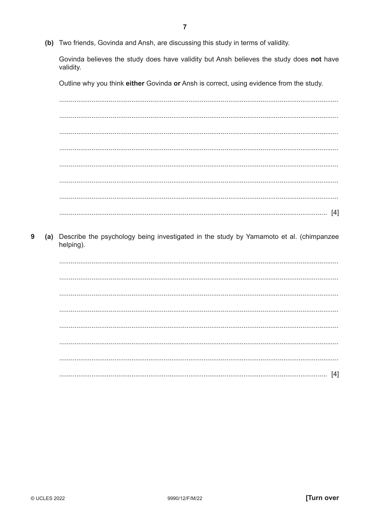 Cambridge A Level Psychology (from 2018) 9990 2022 Feb/March Paper 1 · Variant 2 question paper, page 7 of 12