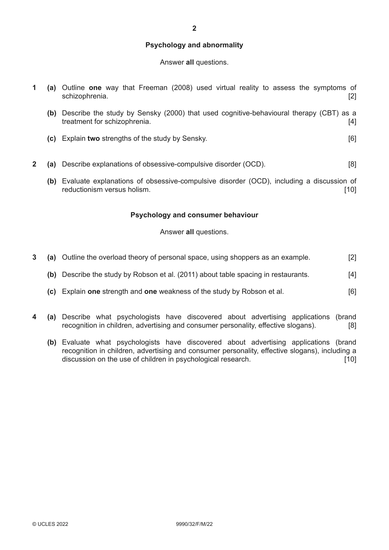 Cambridge A Level Psychology (from 2018) 9990 2022 Feb/March Paper 3 · Variant 2 question paper, page 2 of 4