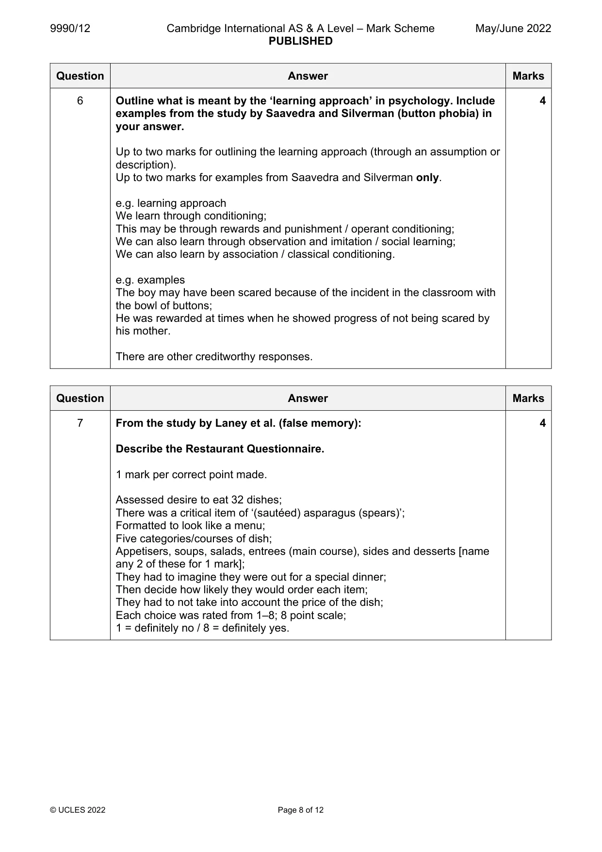Mark scheme, page 8 of 12