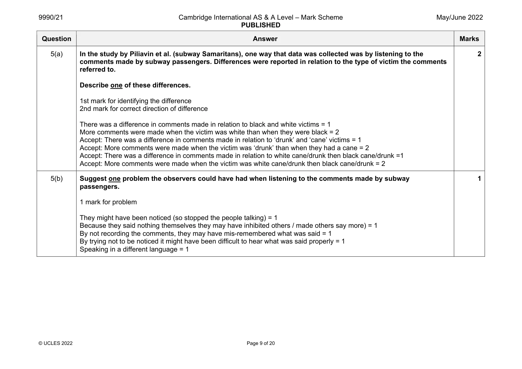 Mark scheme, page 9 of 20