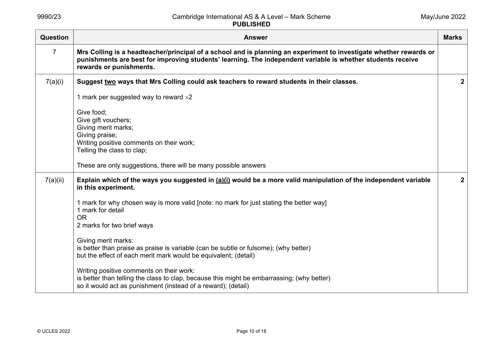 Mark scheme, page 10 of 18