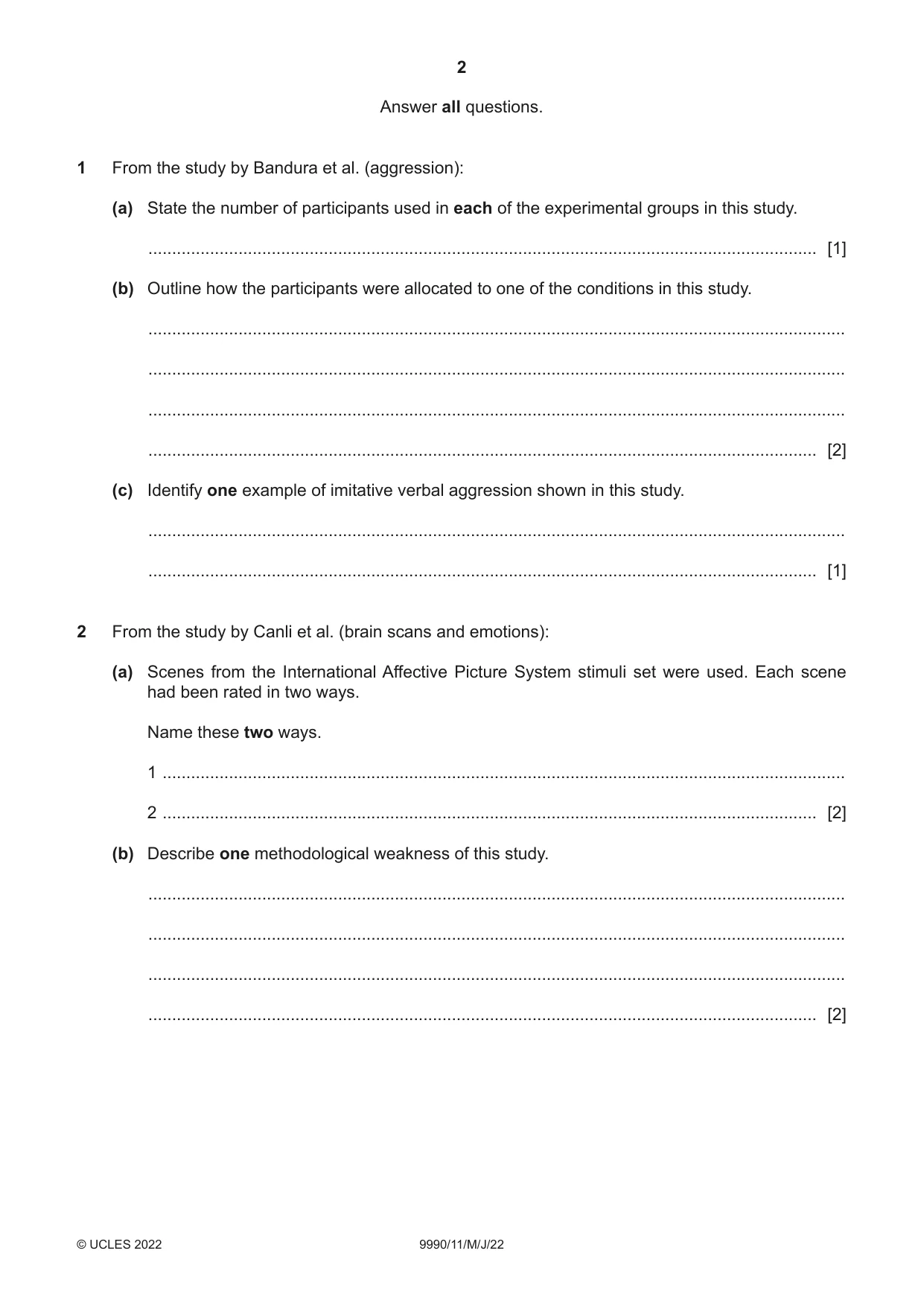 Cambridge A Level Psychology (from 2018) 9990 2022 May/June Paper 1 · Variant 1 question paper, page 2 of 12