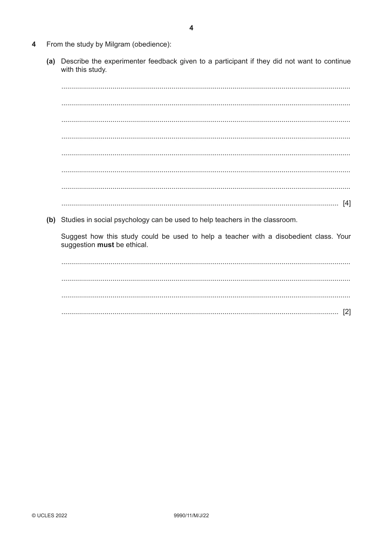 Cambridge A Level Psychology (from 2018) 9990 2022 May/June Paper 1 · Variant 1 question paper, page 4 of 12
