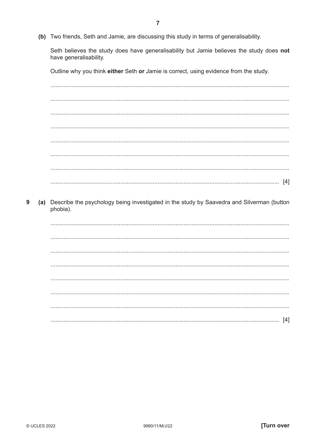 Cambridge A Level Psychology (from 2018) 9990 2022 May/June Paper 1 · Variant 1 question paper, page 7 of 12