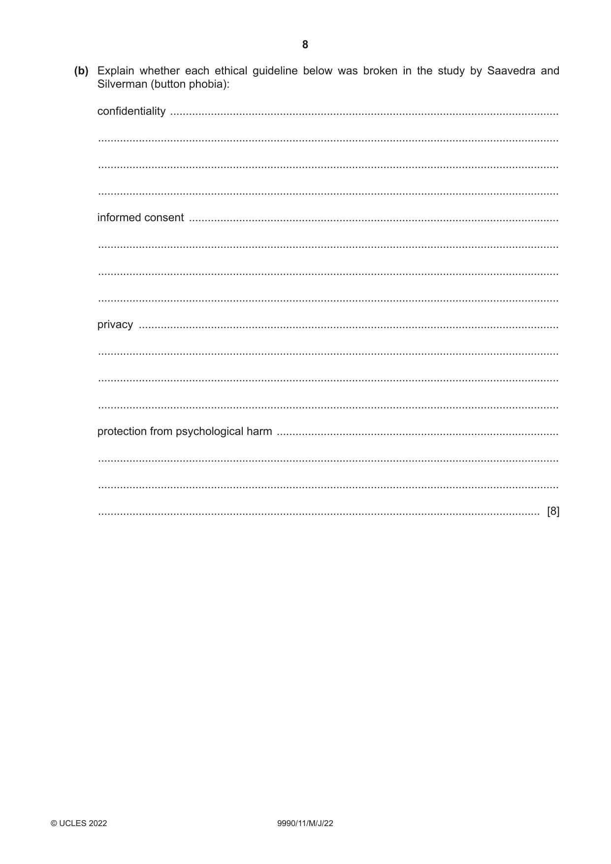 Cambridge A Level Psychology (from 2018) 9990 2022 May/June Paper 1 · Variant 1 question paper, page 8 of 12