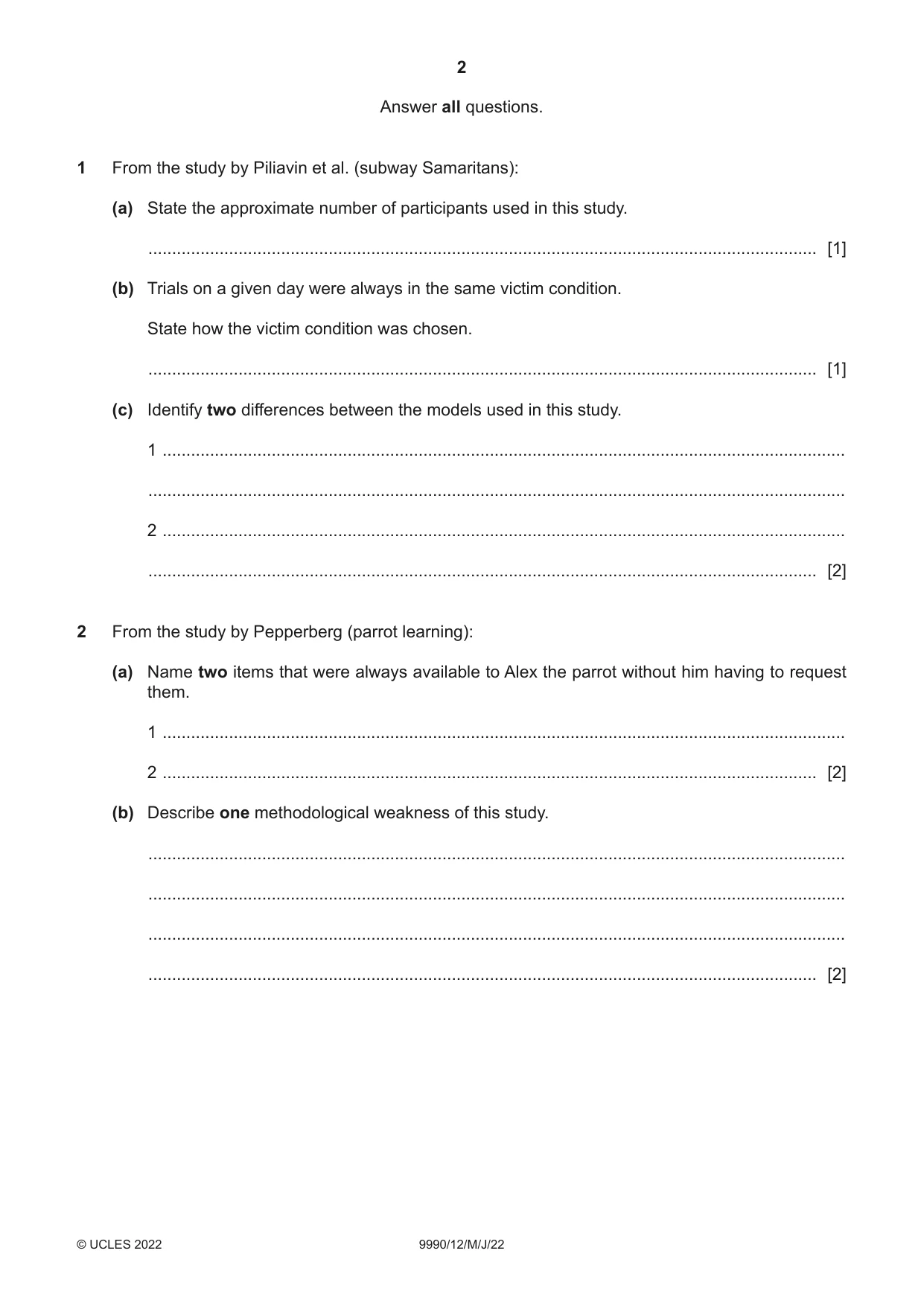 Cambridge A Level Psychology (from 2018) 9990 2022 May/June Paper 1 · Variant 2 question paper, page 2 of 12