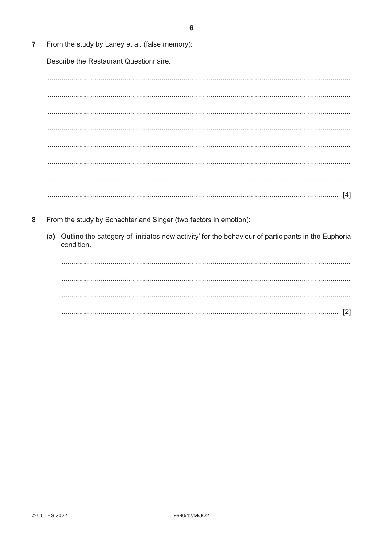 Cambridge A Level Psychology (from 2018) 9990 2022 May/June Paper 1 · Variant 2 question paper, page 6 of 12