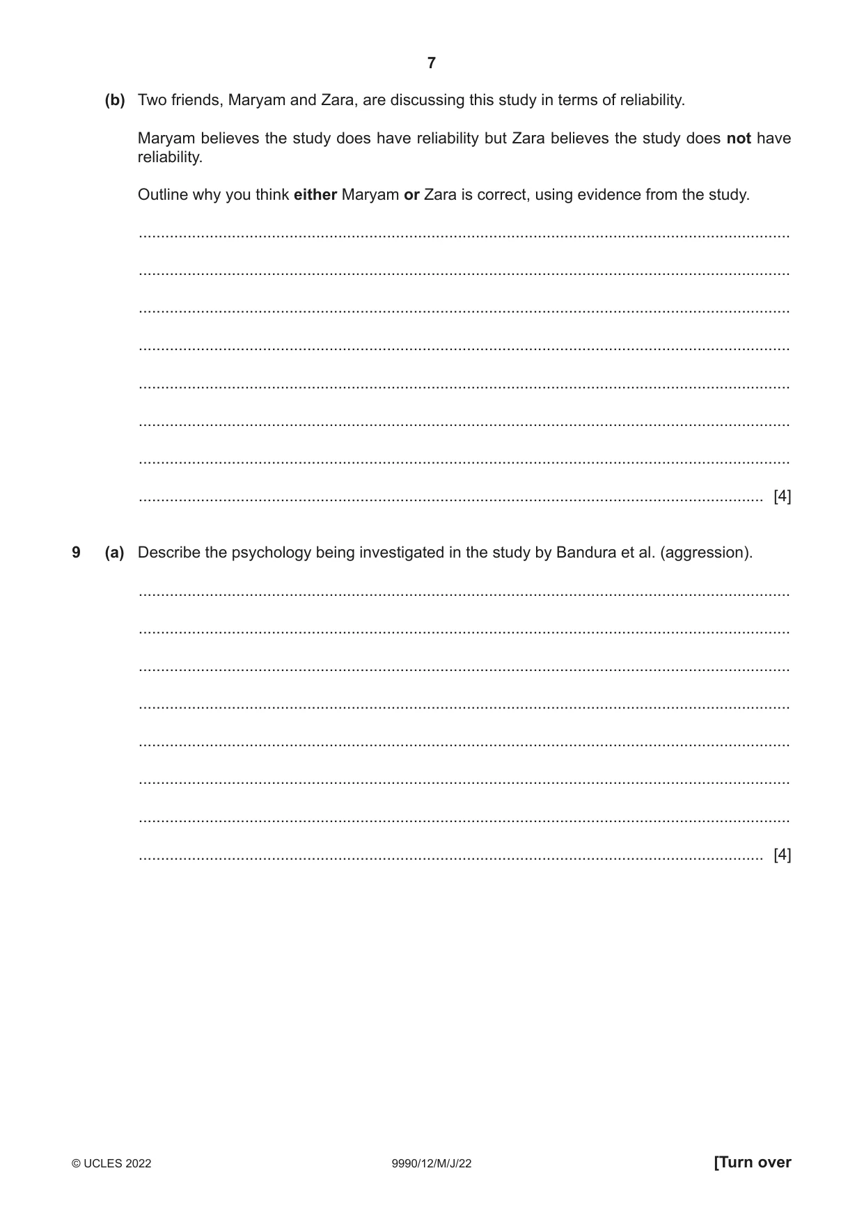 Cambridge A Level Psychology (from 2018) 9990 2022 May/June Paper 1 · Variant 2 question paper, page 7 of 12