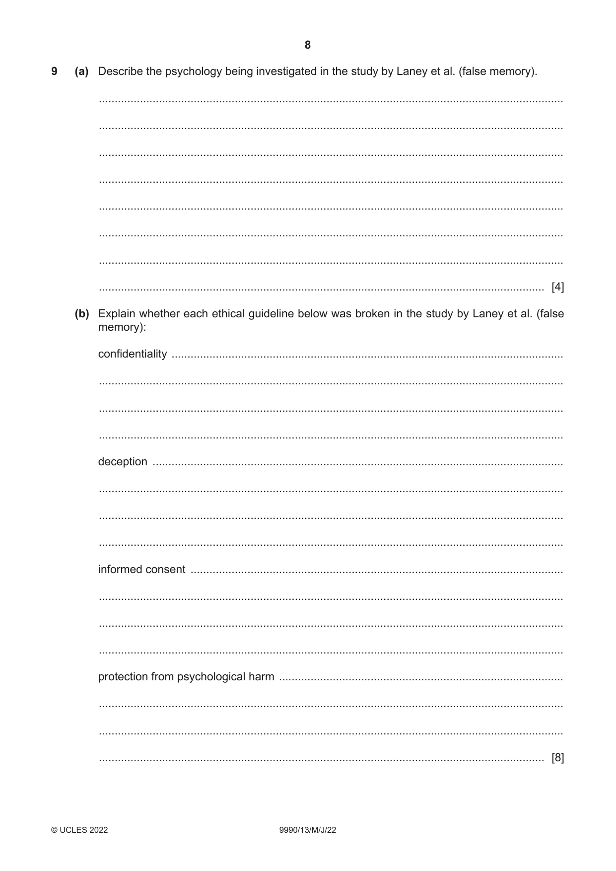 Cambridge A Level Psychology (from 2018) 9990 2022 May/June Paper 1 · Variant 3 question paper, page 8 of 12