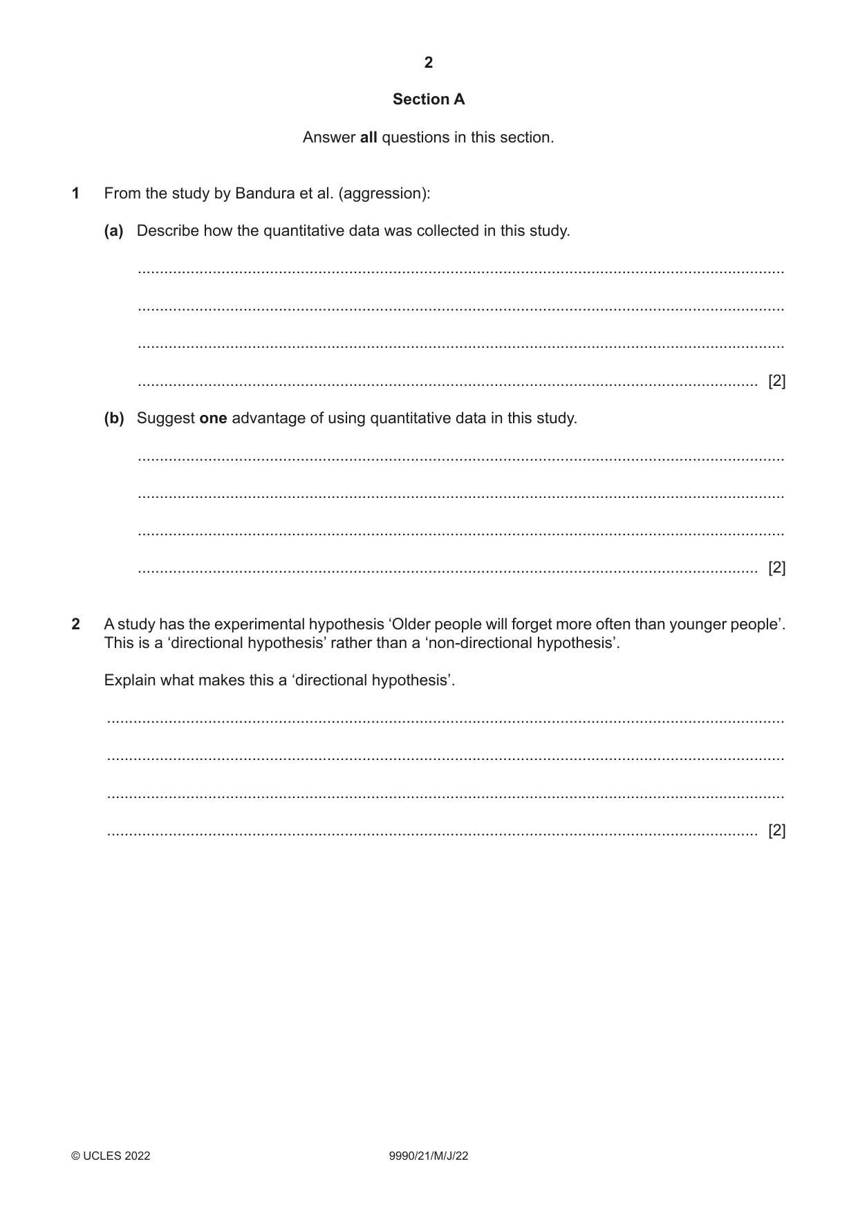 Cambridge A Level Psychology (from 2018) 9990 2022 May/June Paper 2 · Variant 1 question paper, page 2 of 12