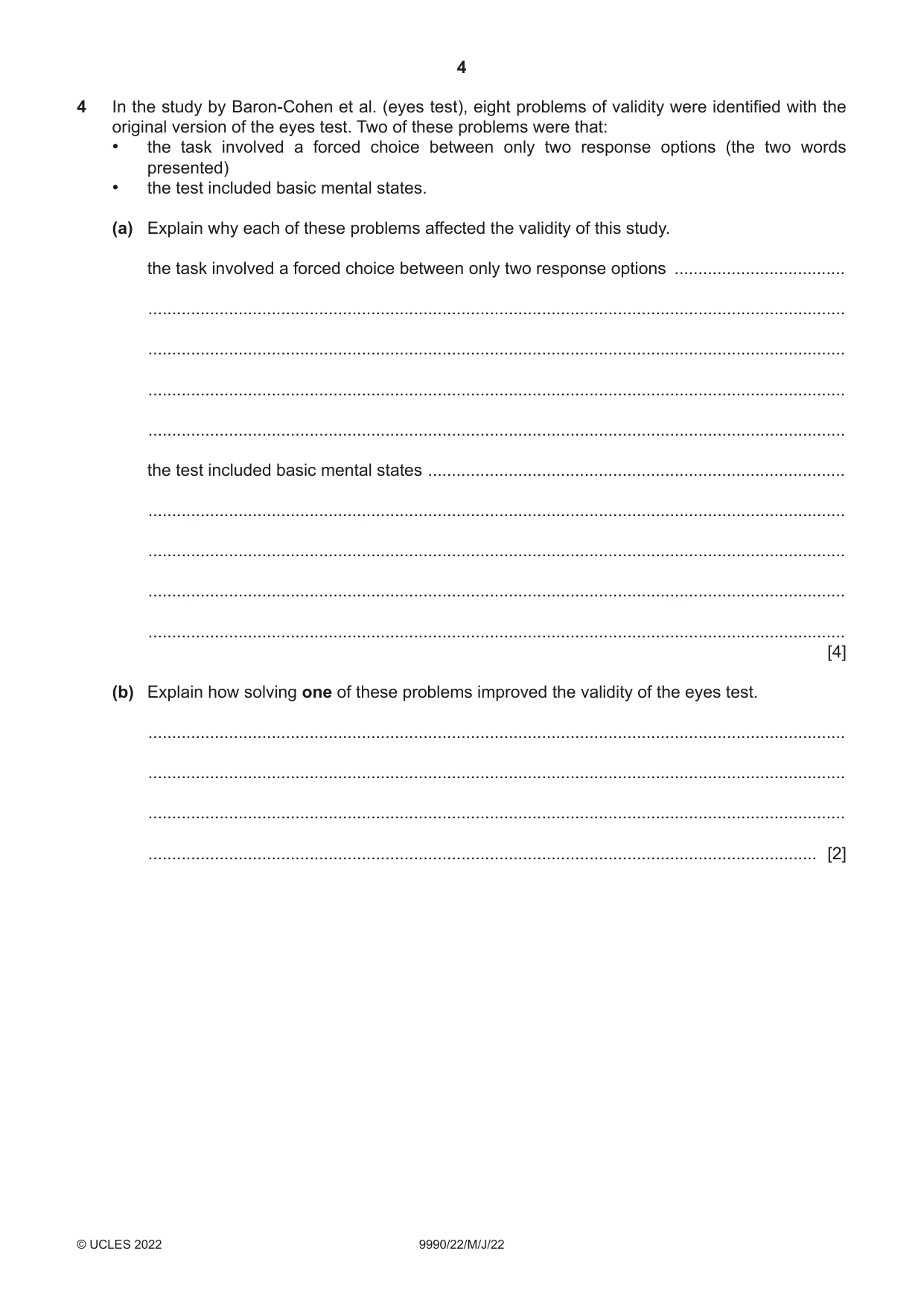 Cambridge A Level Psychology (from 2018) 9990 2022 May/June Paper 2 · Variant 2 question paper, page 4 of 12