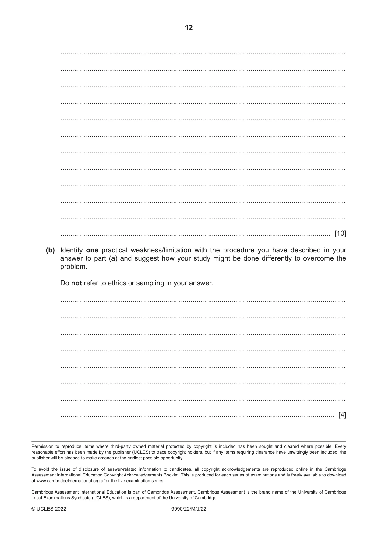 Cambridge A Level Psychology (from 2018) 9990 2022 May/June Paper 2 · Variant 2 question paper, page 12 of 12