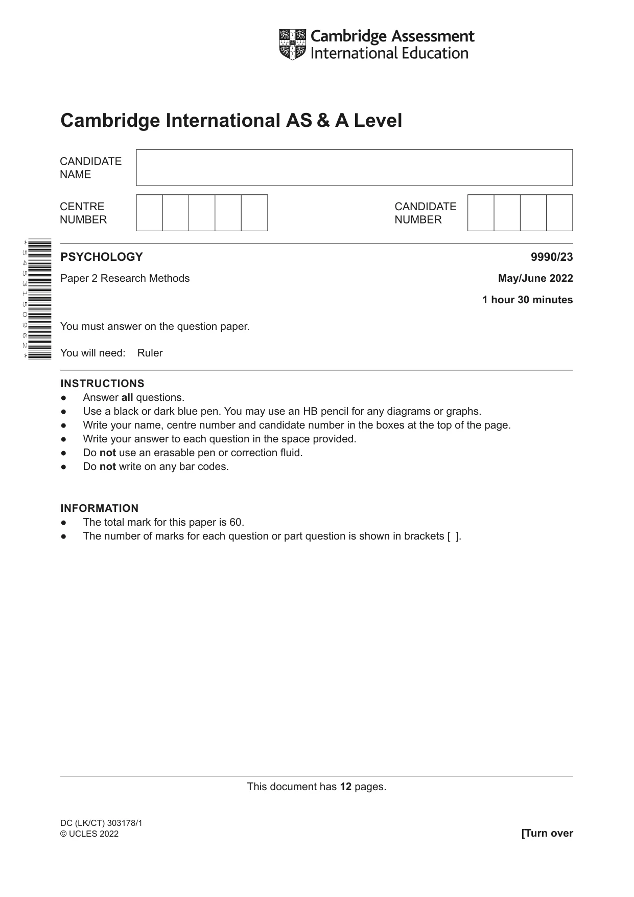 Cambridge A Level Psychology (from 2018) 9990 2022 May/June Paper 2 · Variant 3 question paper, page 1 of 12