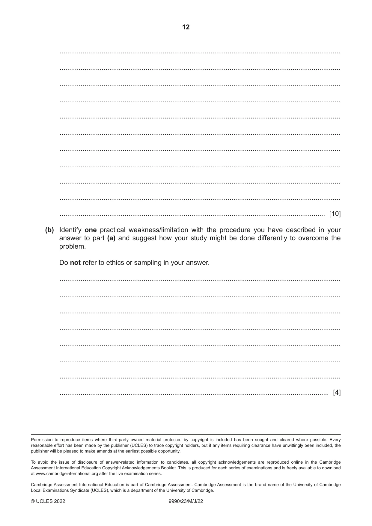 Cambridge A Level Psychology (from 2018) 9990 2022 May/June Paper 2 · Variant 3 question paper, page 12 of 12