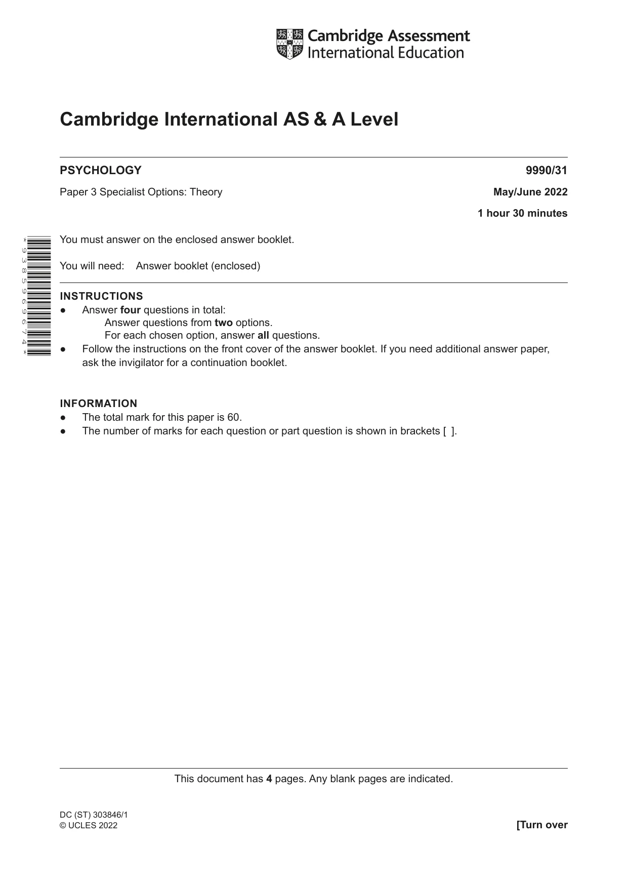 Cambridge A Level Psychology (from 2018) 9990 2022 May/June Paper 3 · Variant 1 question paper, page 1 of 4