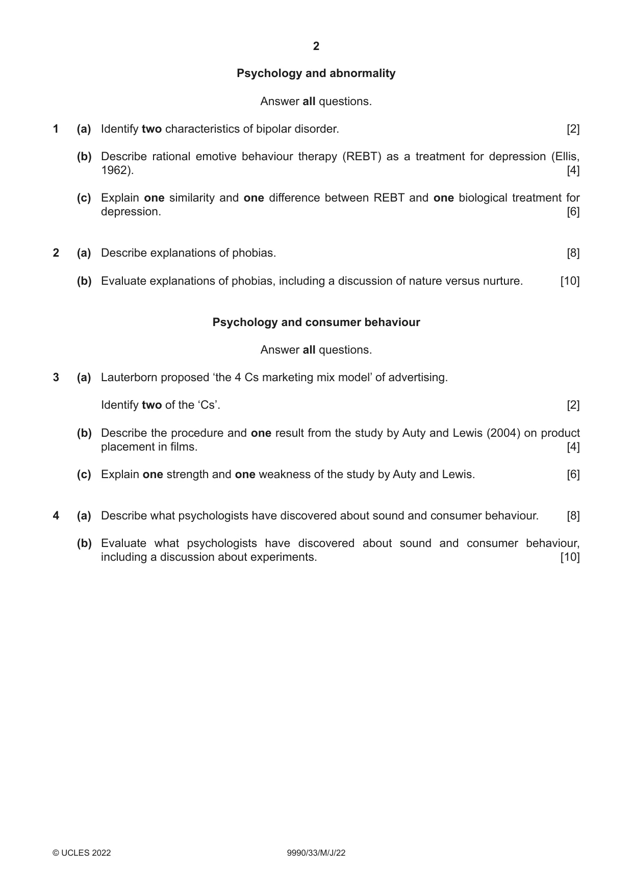 Cambridge A Level Psychology (from 2018) 9990 2022 May/June Paper 3 · Variant 3 question paper, page 2 of 4