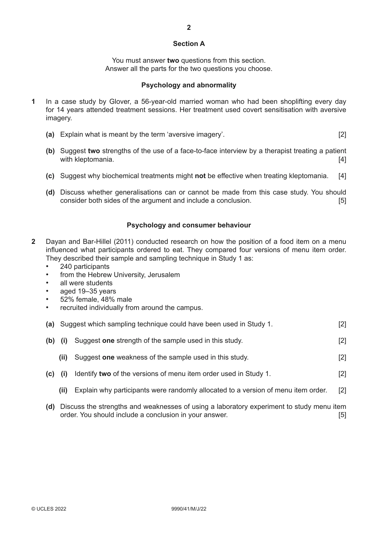 Cambridge A Level Psychology (from 2018) 9990 2022 May/June Paper 4 · Variant 1 question paper, page 2 of 8