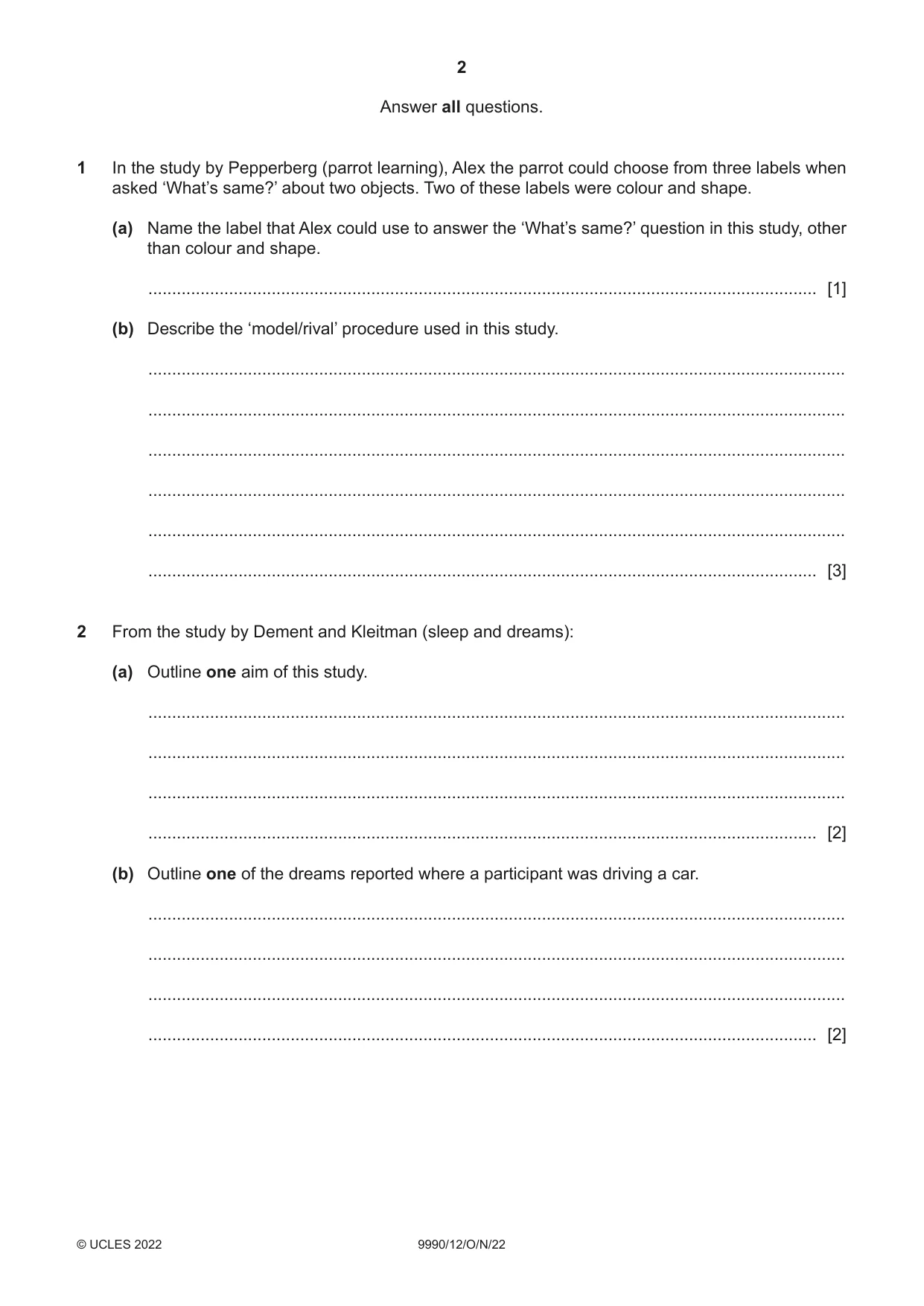 Cambridge A Level Psychology (from 2018) 9990 2022 Oct/Nov Paper 1 · Variant 2 question paper, page 2 of 12