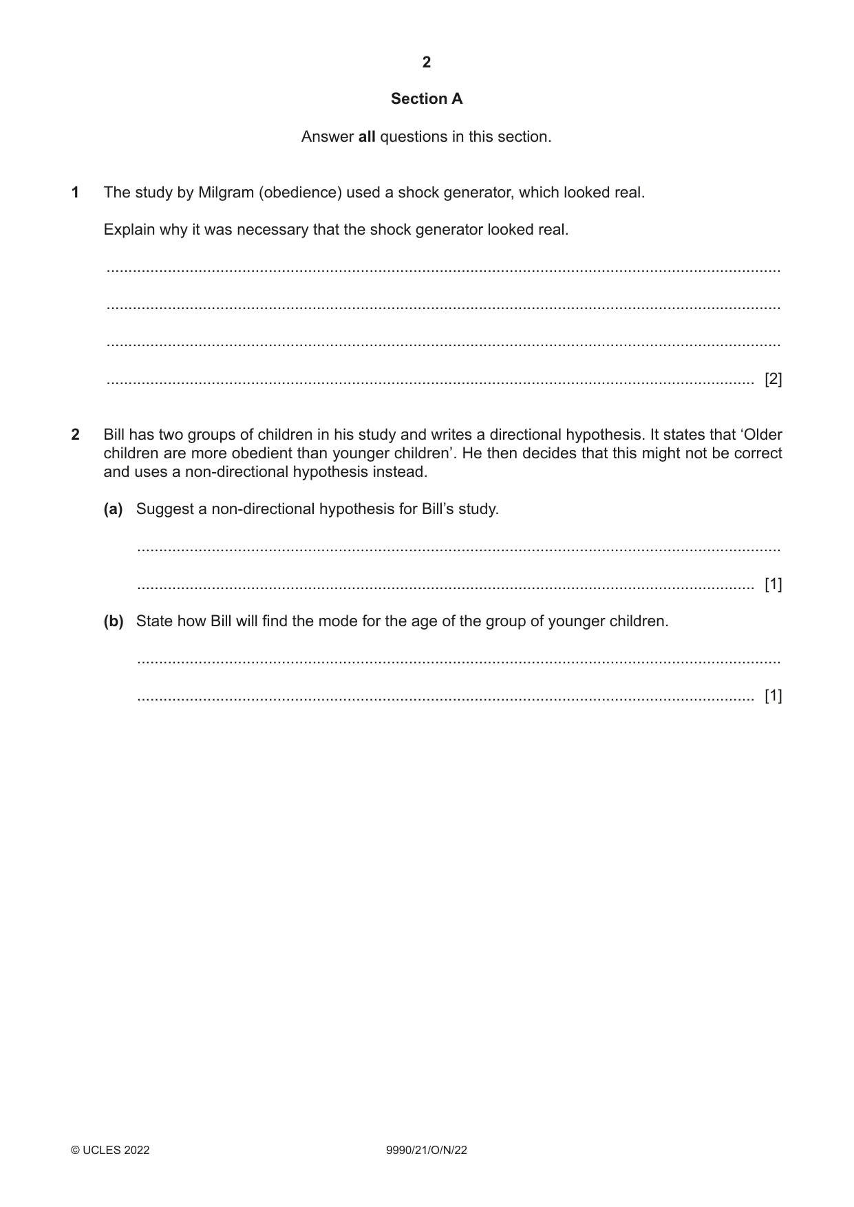 Cambridge A Level Psychology (from 2018) 9990 2022 Oct/Nov Paper 2 · Variant 1 question paper, page 2 of 12