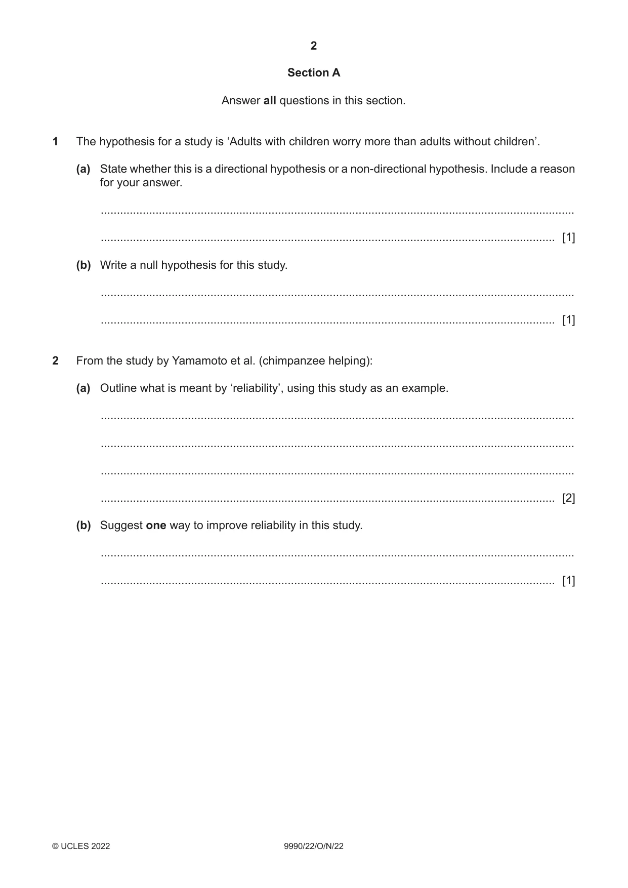 Cambridge A Level Psychology (from 2018) 9990 2022 Oct/Nov Paper 2 · Variant 2 question paper, page 2 of 12