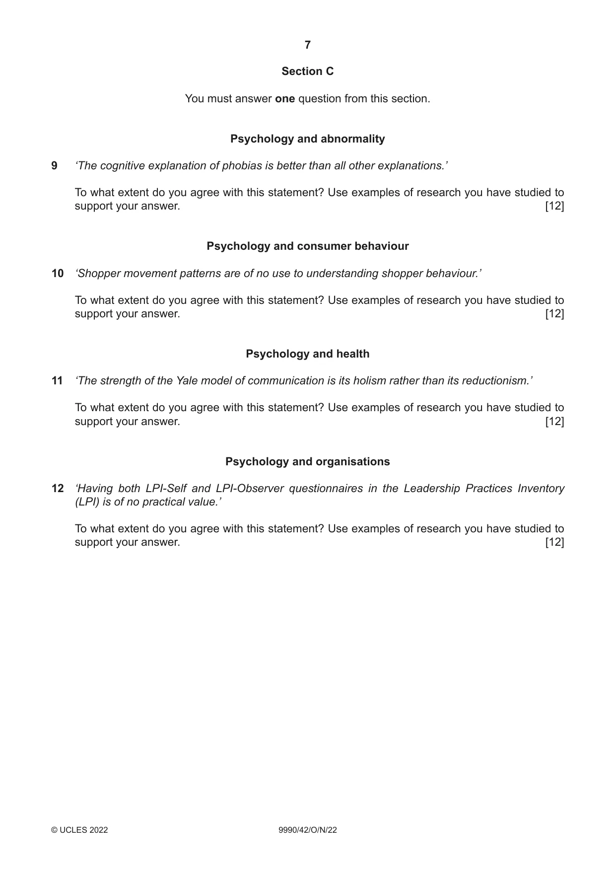 Cambridge A Level Psychology (from 2018) 9990 2022 Oct/Nov Paper 4 · Variant 2 question paper, page 7 of 8