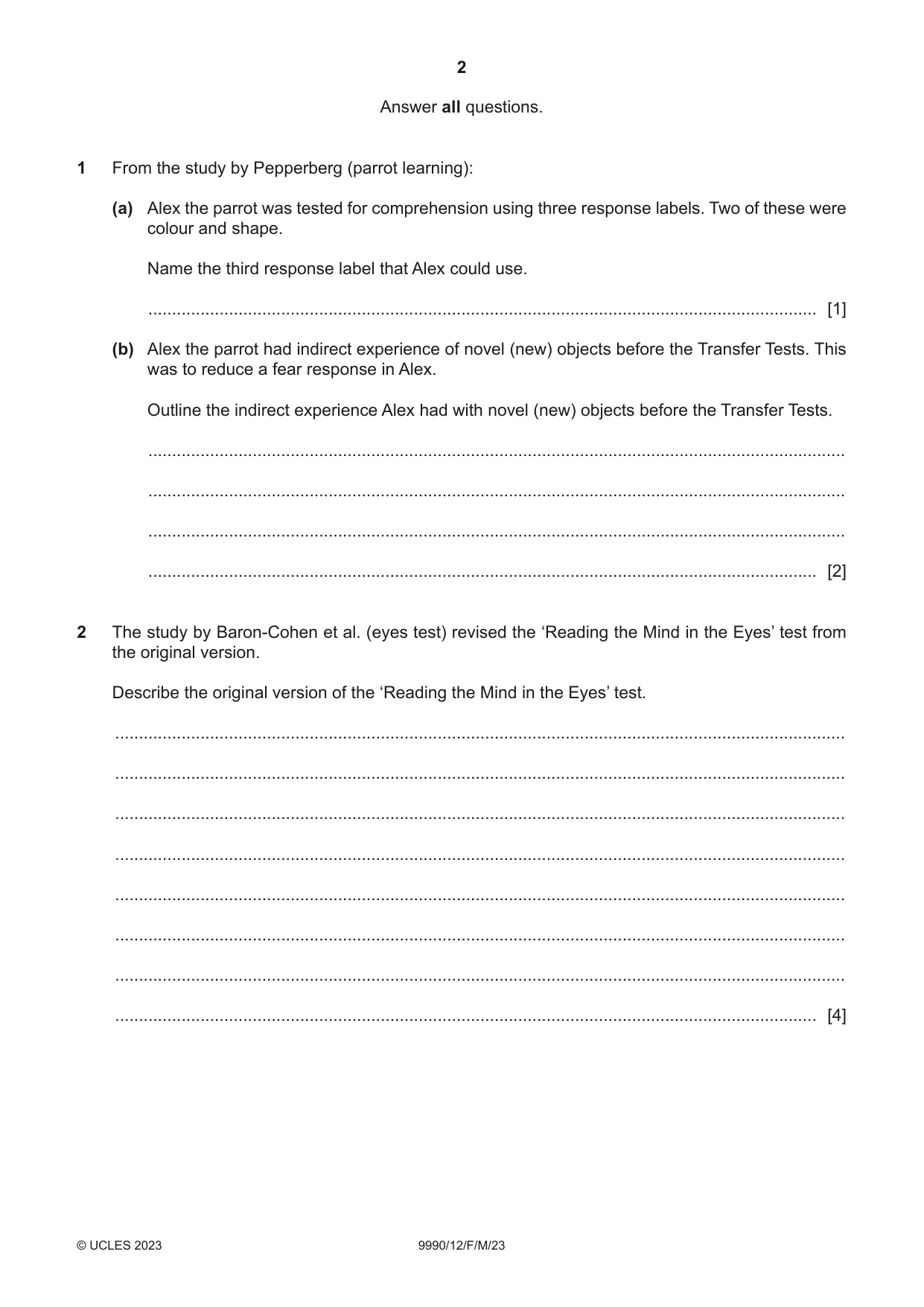 Cambridge A Level Psychology (from 2018) 9990 2023 Feb/March Paper 1 · Variant 2 question paper, page 2 of 12