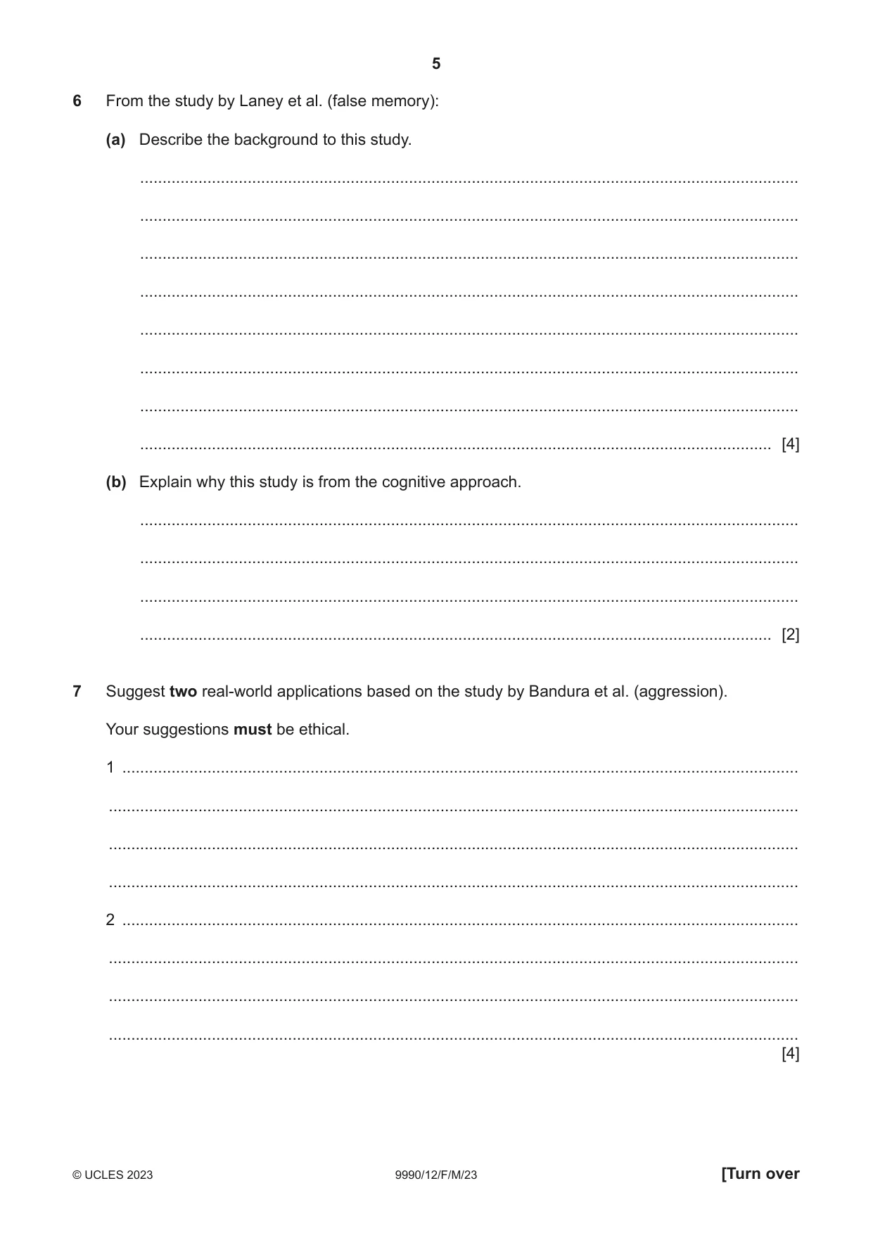 Cambridge A Level Psychology (from 2018) 9990 2023 Feb/March Paper 1 · Variant 2 question paper, page 5 of 12