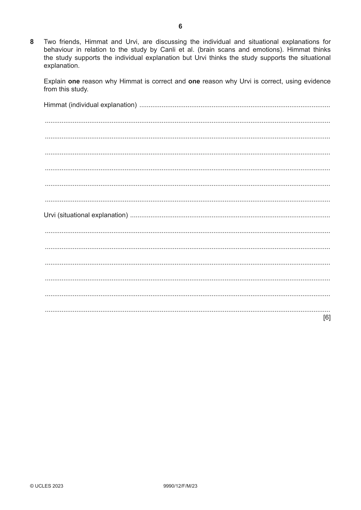 Cambridge A Level Psychology (from 2018) 9990 2023 Feb/March Paper 1 · Variant 2 question paper, page 6 of 12
