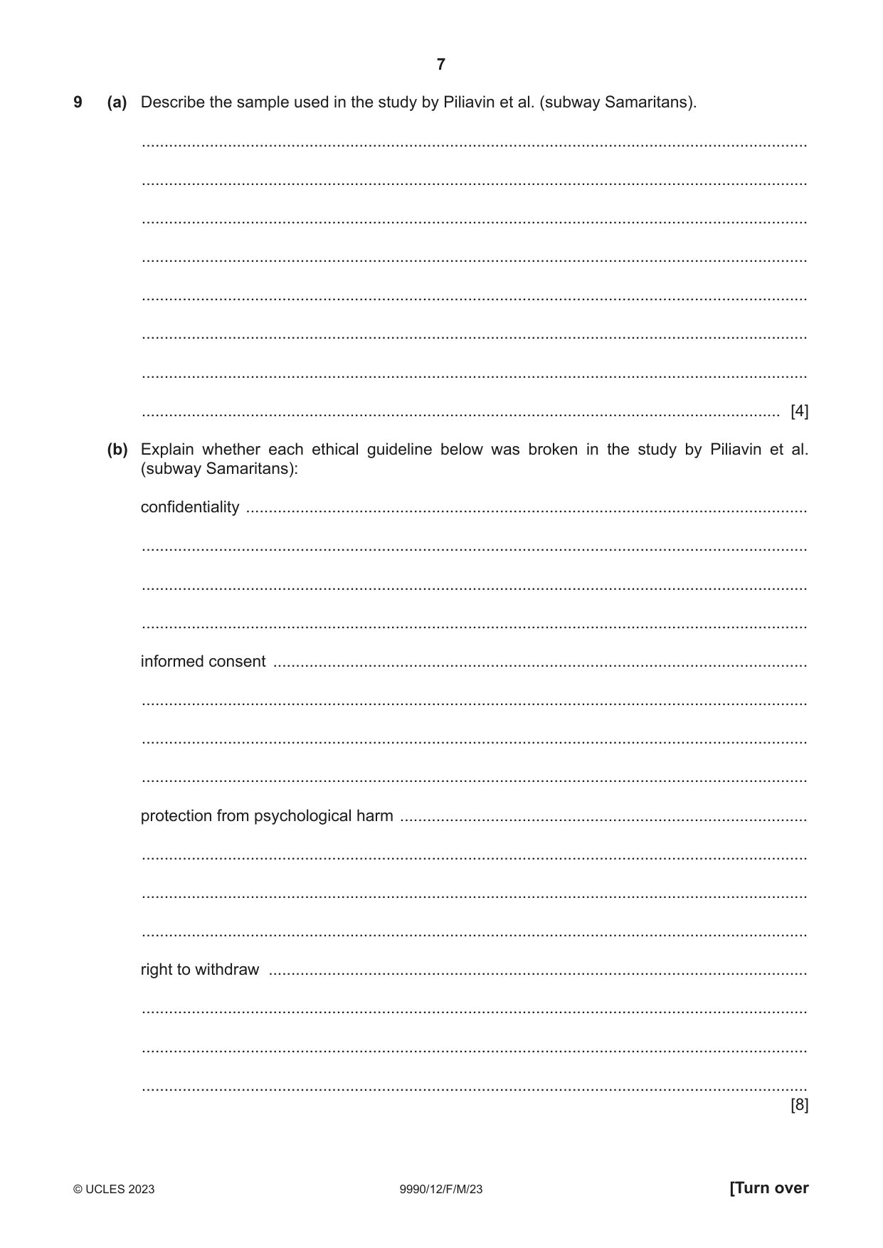 Cambridge A Level Psychology (from 2018) 9990 2023 Feb/March Paper 1 · Variant 2 question paper, page 7 of 12