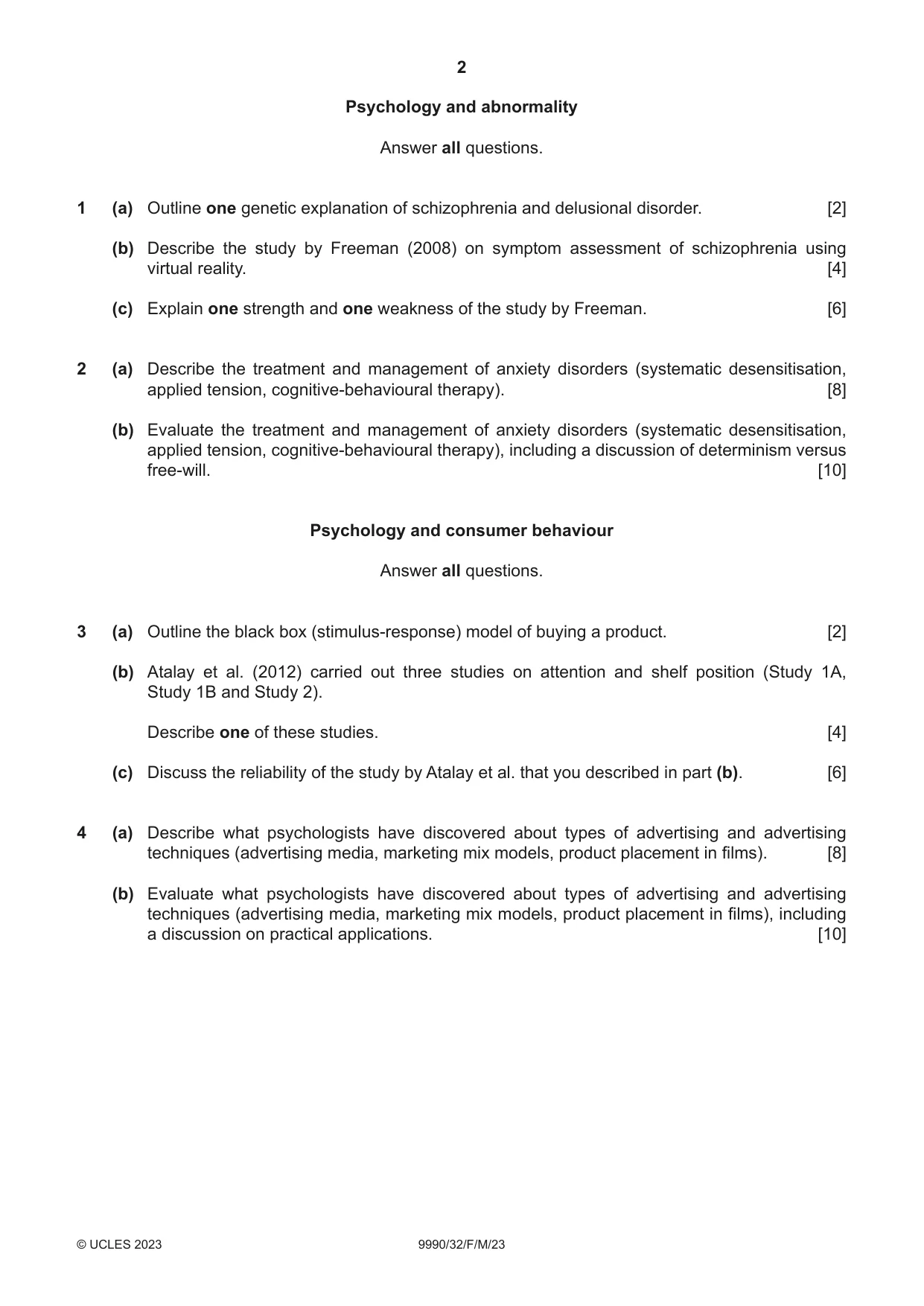 Cambridge A Level Psychology (from 2018) 9990 2023 Feb/March Paper 3 · Variant 2 question paper, page 2 of 4